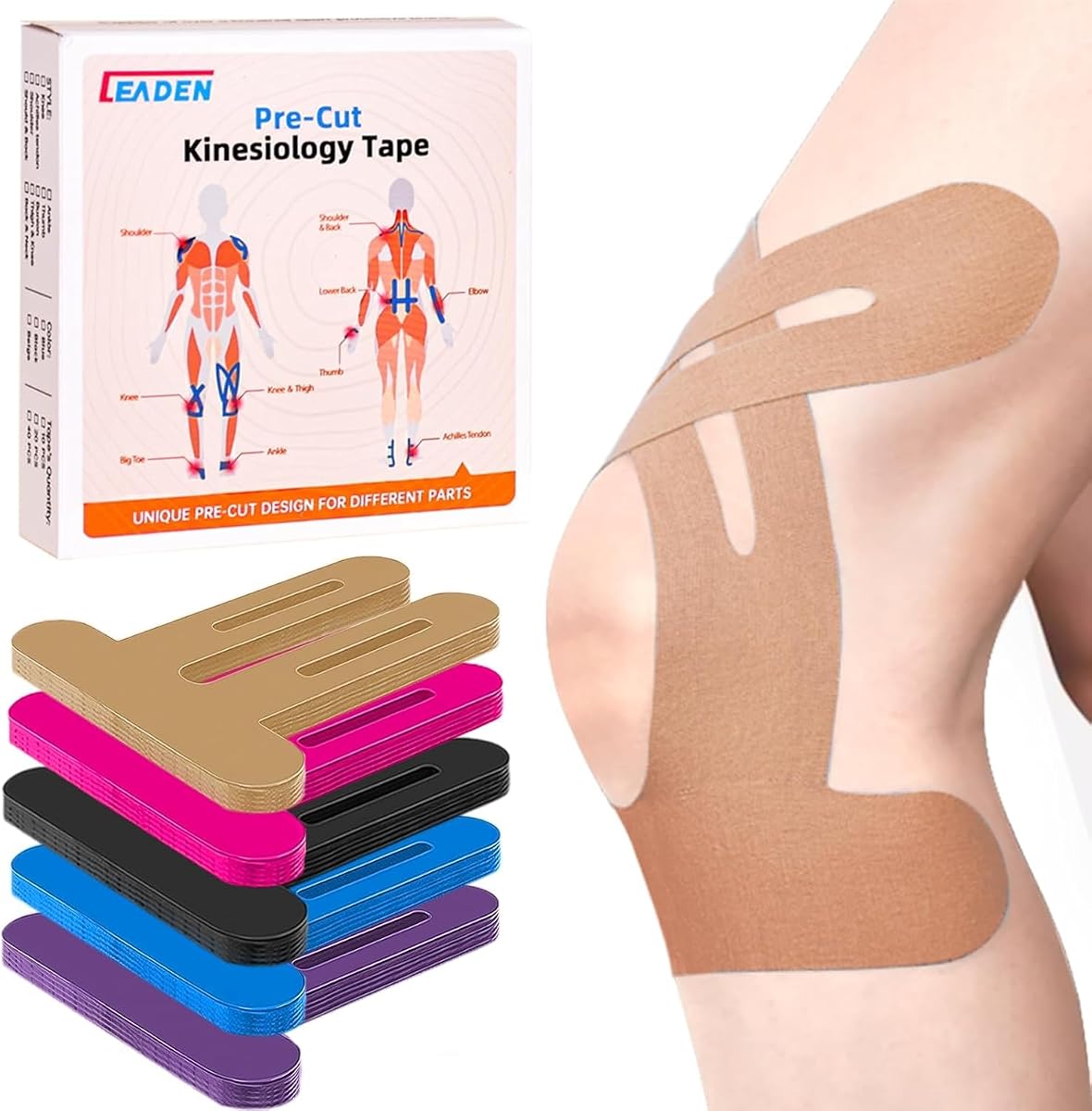 Cinta de kinesiología precortada para rodillas, 10 tiras, beige | Soporte y estabilidad de rodilla, alivio del dolor de rodilla, impermeable, elástico, transpirable, hipoalergénico, cinta sin látex, cinta atlética