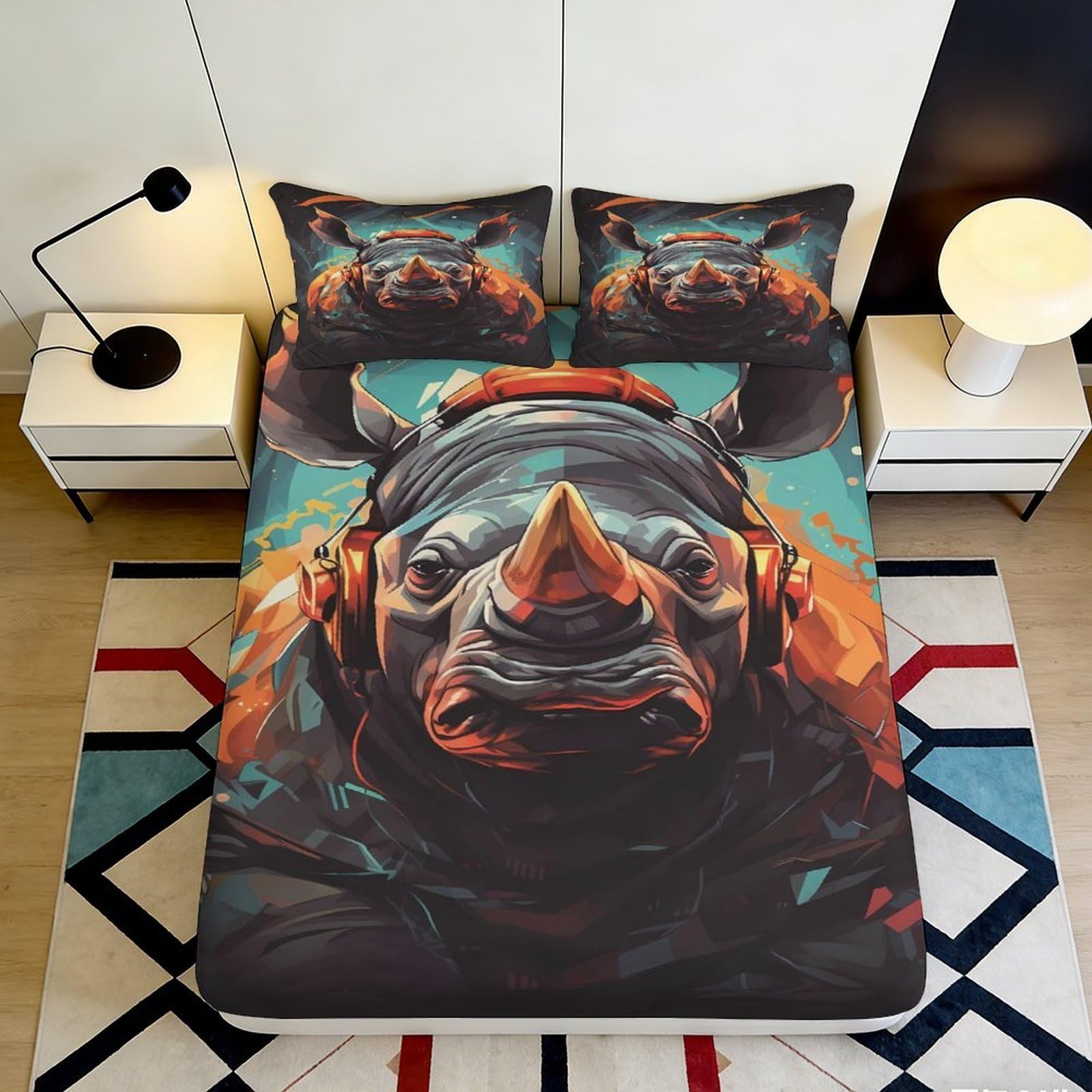 3D Printed Rhino Pattern Fitted Sheet Microfiber Durable Soft 3D Printed Headphone Rhino Bed Cover for Bedroom Dorm Dormitory Guest Room 200x200x25cm