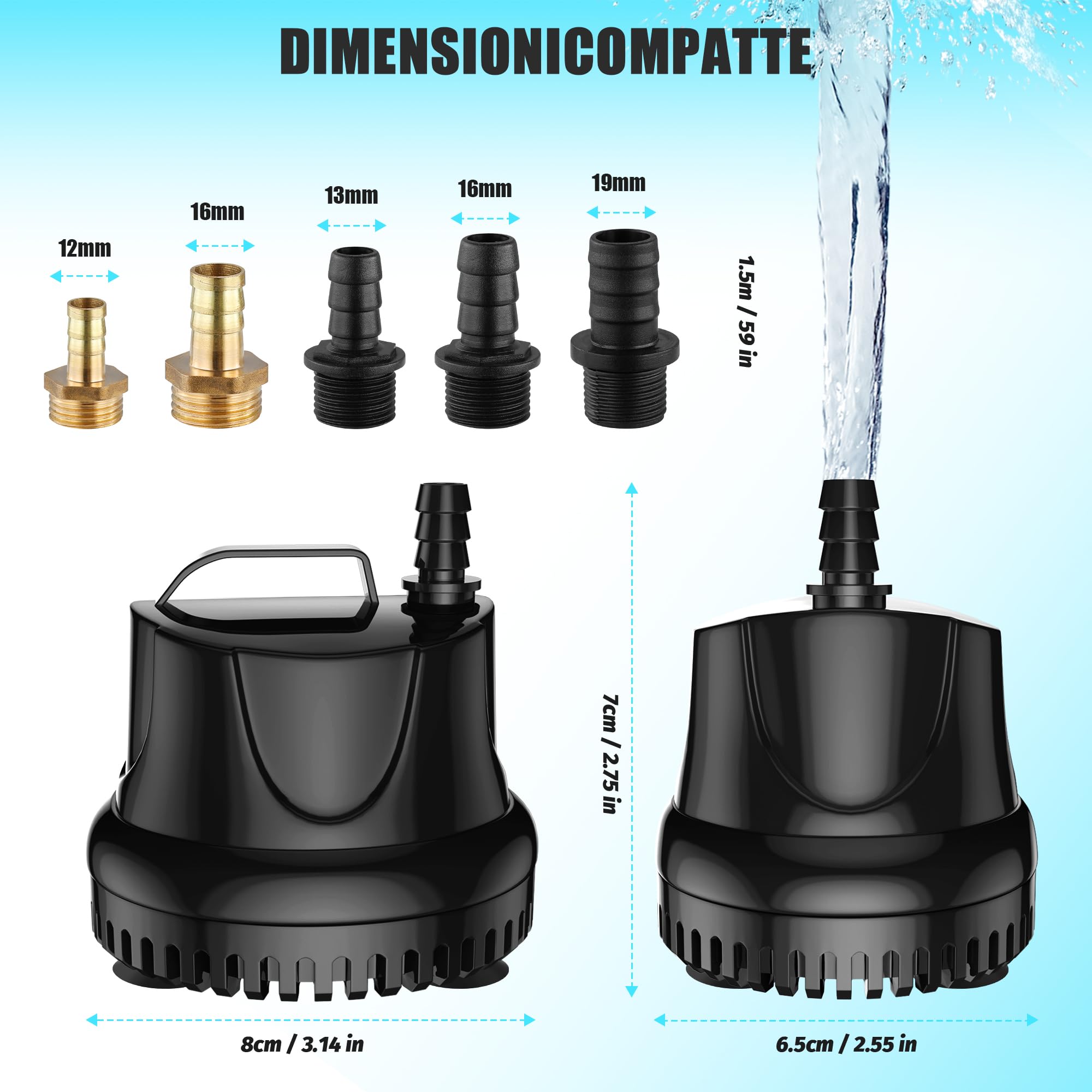 25W 1500L/H Pompa ad Acqua Sommergibile per Acquario Fontane da Tavolo Stagno Giardini Acqua con 5 ugelli 1.5M Tubo Trasparente Flessibile AC220-240V