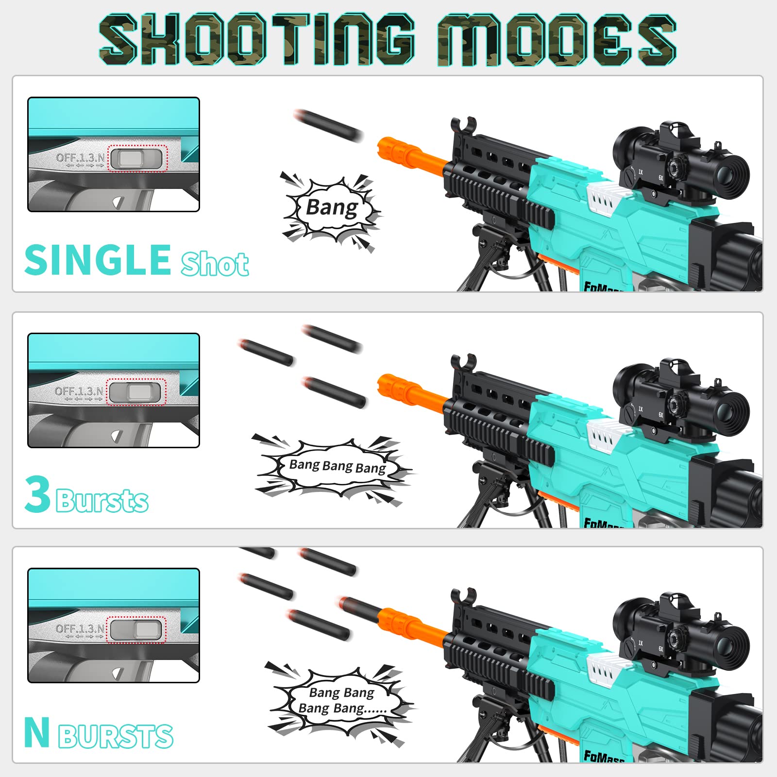 Elektrisches Spielzeuggewehr für Nerf Sniper mit Zielfernrohr, 3 Modi, wiederaufladbar, mit Zweibein, 2 Magazinen & 100 Darts - MK14-Green
