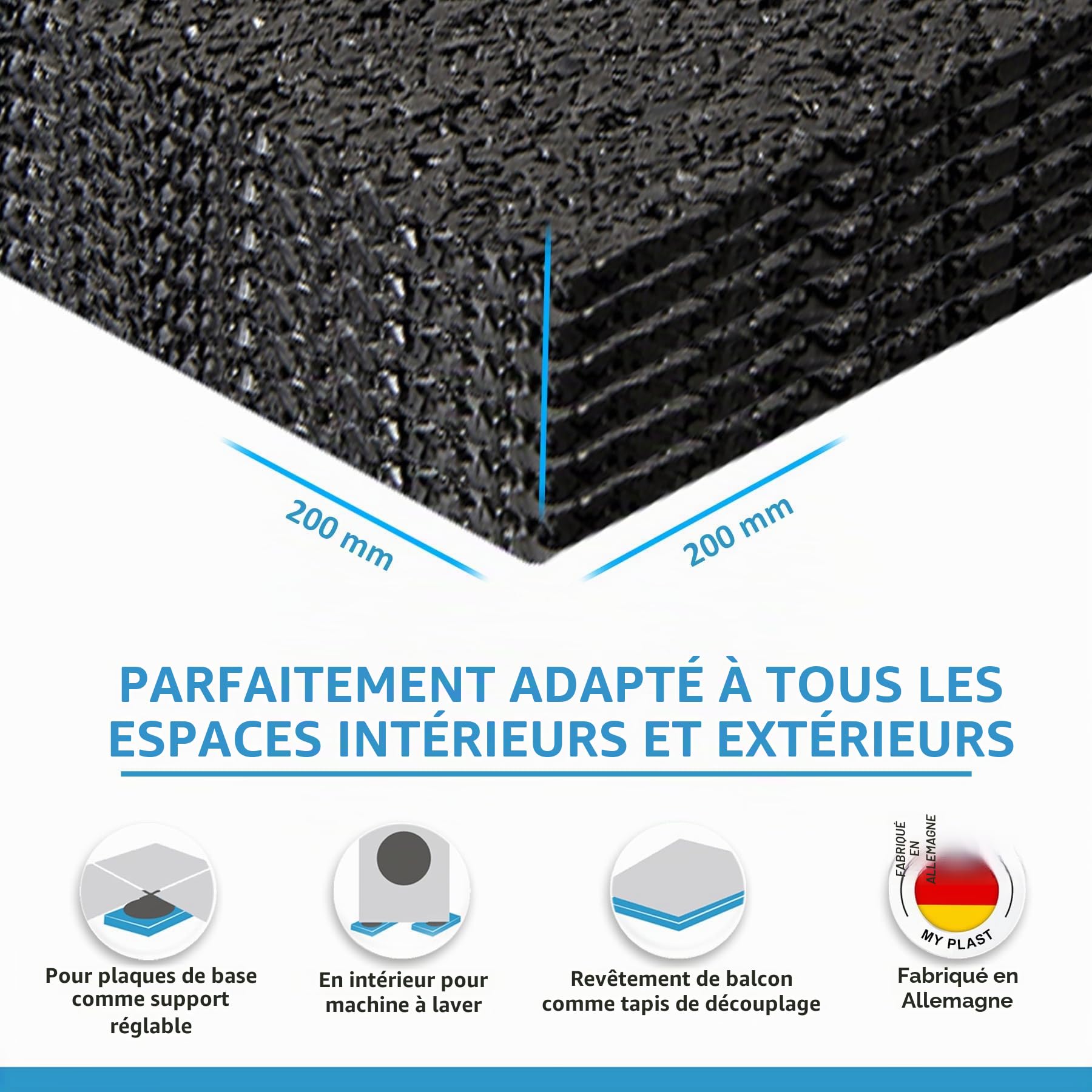 Lot de 50 tapis pour terrasse - 200 x 200 mm x 3 mm - Plaque de soubassement en granulés de caoutchouc - Pour plots et roulements de panneaux - Quantité au choix (50 pièces - 200 mm x 200 mm x 3 mm)