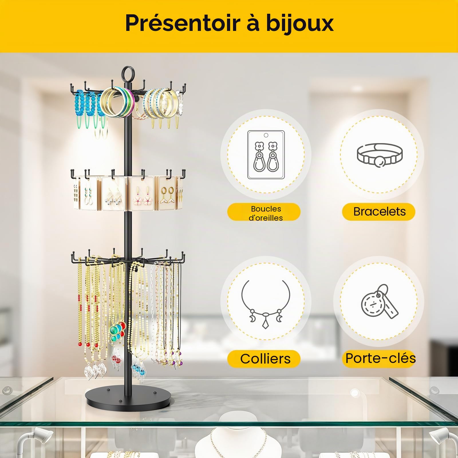 THYGIFTREE 3 niveaux de bijoux rotatifs, collier de hauteur réglable 36 crochets, écran métallique 360° pour organisateur de bijoux