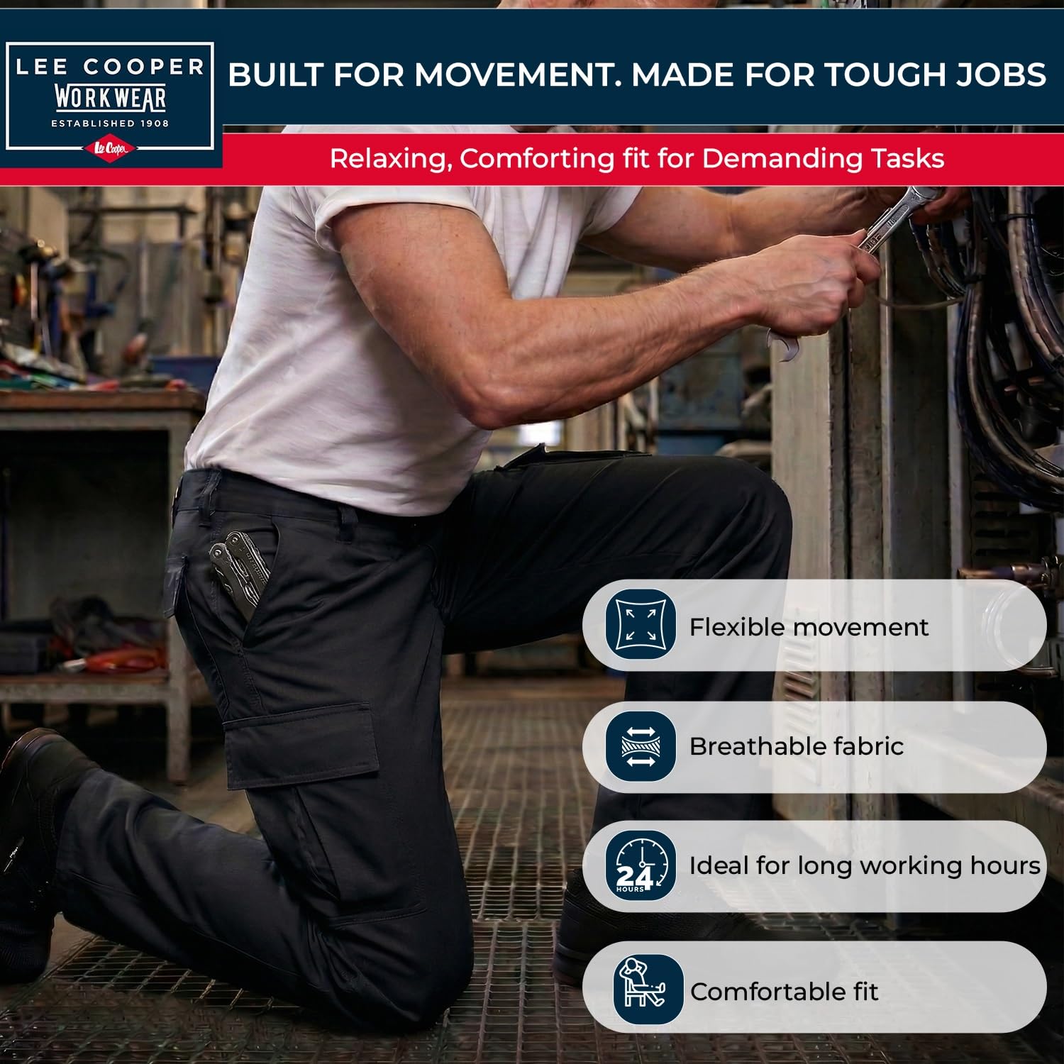 Lee Cooper Pantaloni Lavoro Uomo Cargo 245 GSM – Workwear Resistenti Multi Tasche Facile Cura, Pantaloni Sicurezza Regular Fit con Bottone e Zip