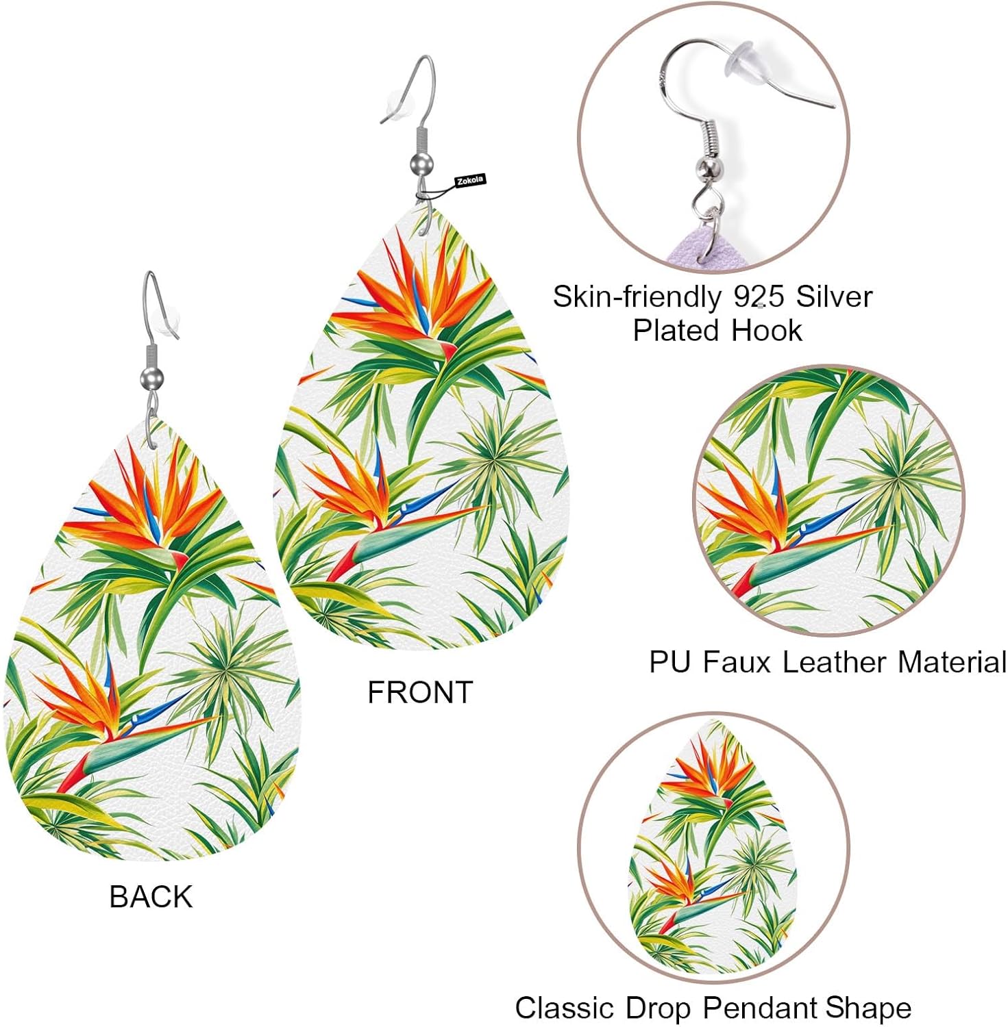 Zokola Bird Of Paradise Faux Leather Teardrop Earrings For Women Friends, Desert Cactus Tropical Flowers Petal Leaf Earrings Dangle Drop Earrings Jewelry - Image 2