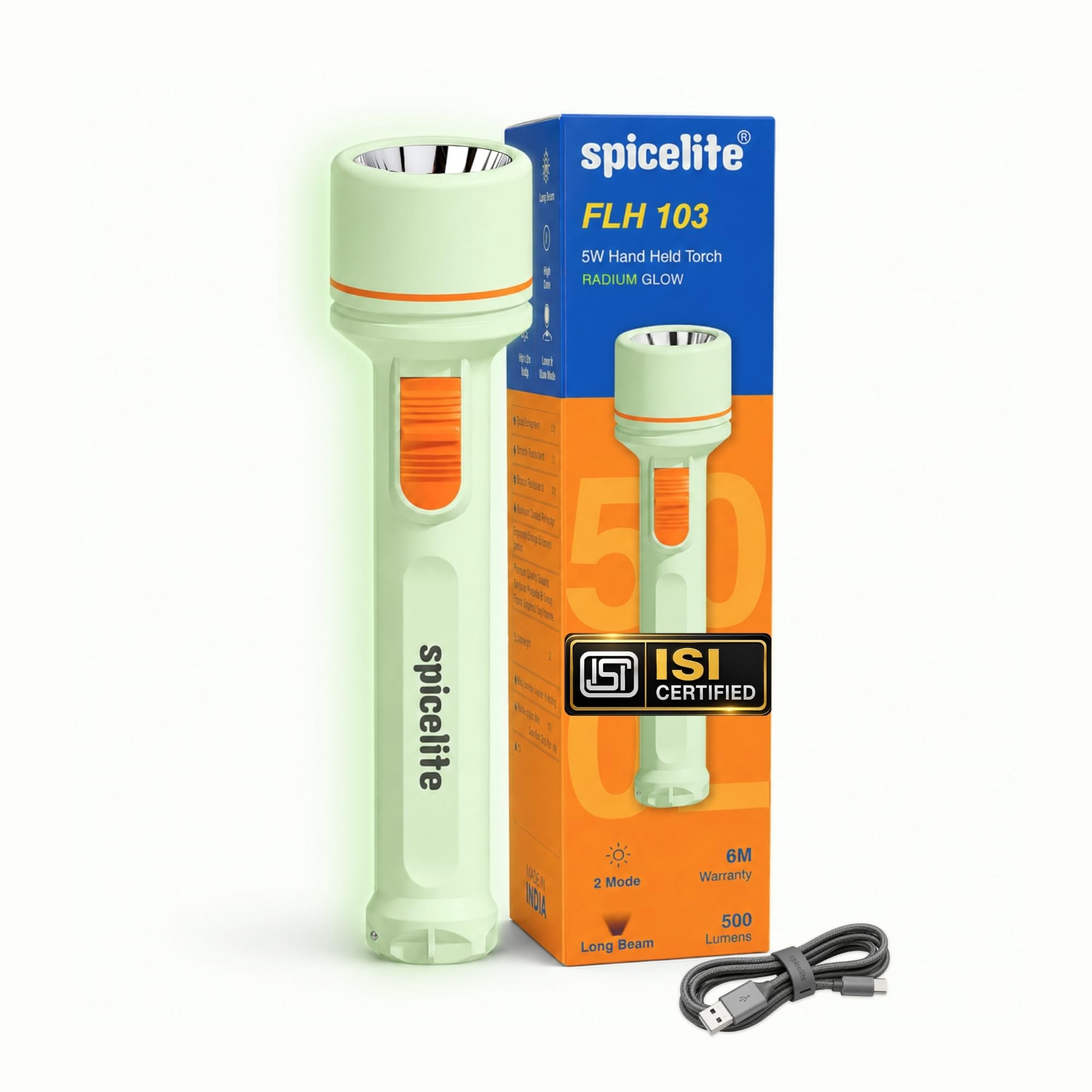 Spicelite FLH 103 LED Torch | 6 Hours Runtime | USB-C Rechargeable | Radium-Glow Body | 5W LED | White-image-13