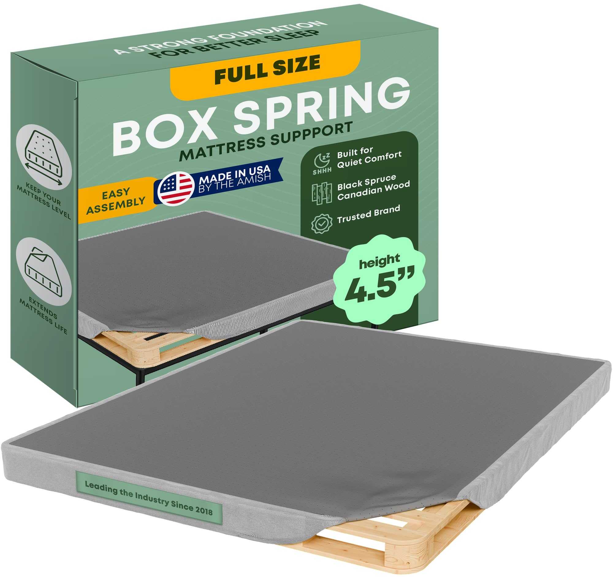 Greaton, 4.5” Full Box Spring Only for Full Size Bed – Amish-Made in The USA – Solid Wood Mattress Foundation with Stable &amp; Quiet Support – Flat-Packed &amp; Easy Assembly