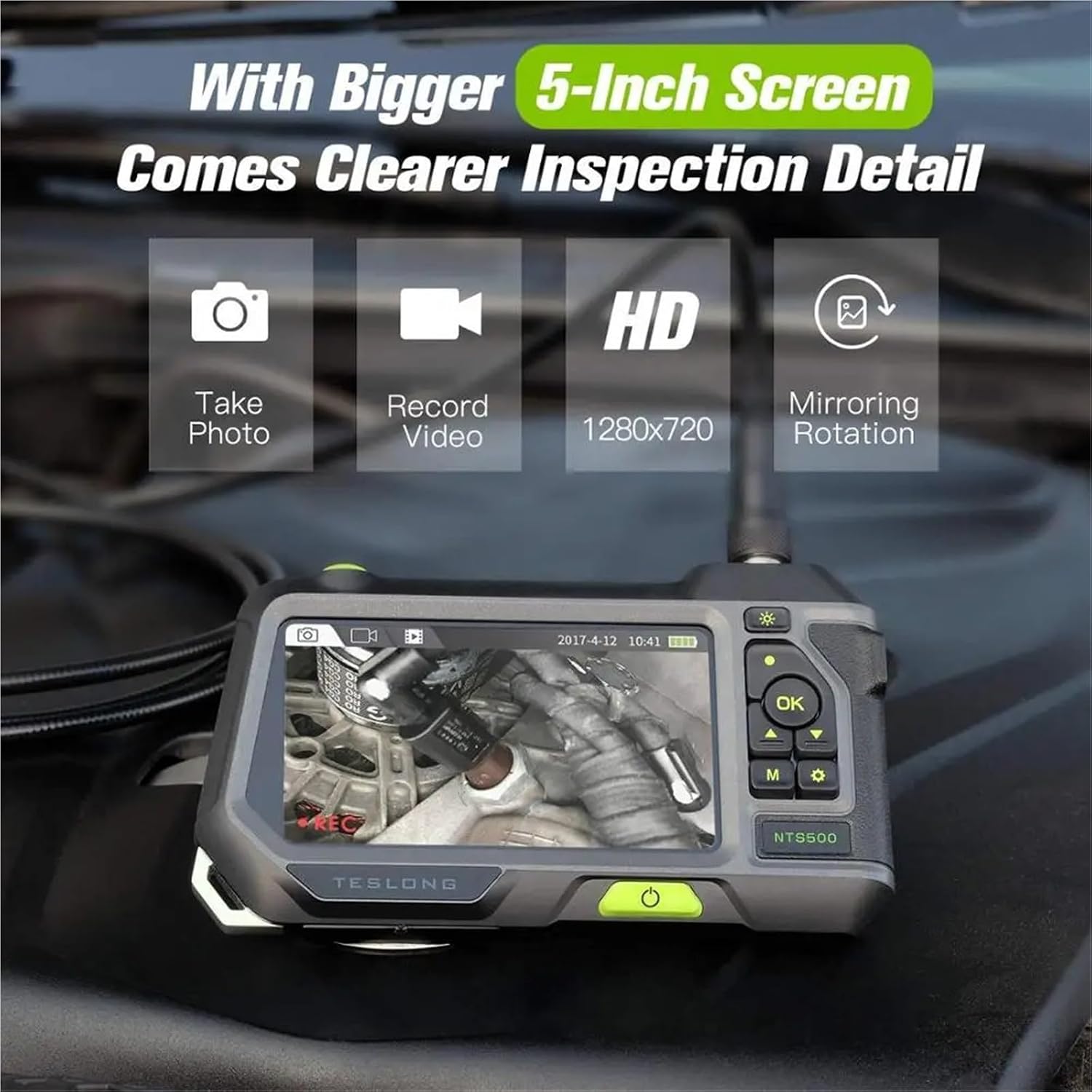 NTS500 5.0 Inch Industrial Endoscope Camera Snake Tube 1080P Dual Lens Autofocus Car Pipe Digital Inspection Borescope(1m,7.6mm Single Lens)