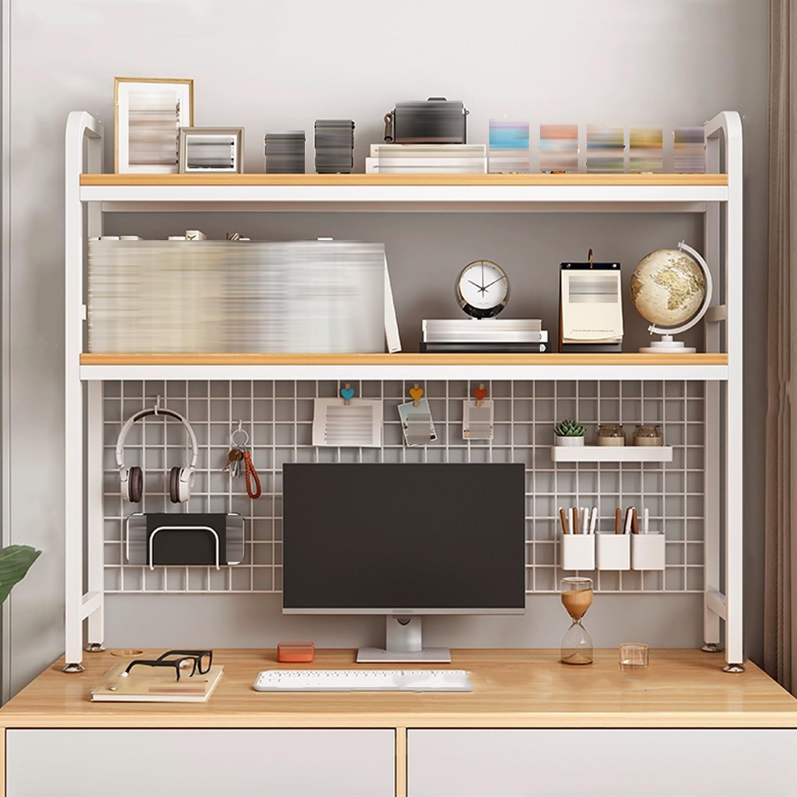 Generico Scrivania e scaffale in Metallo a 3 Ripiani - Organizzatore Multiuso per Piccoli spazi, Elegante libreria per dormitorio e Ufficio, Finitura Bianca (135 cm/53 Pollici)