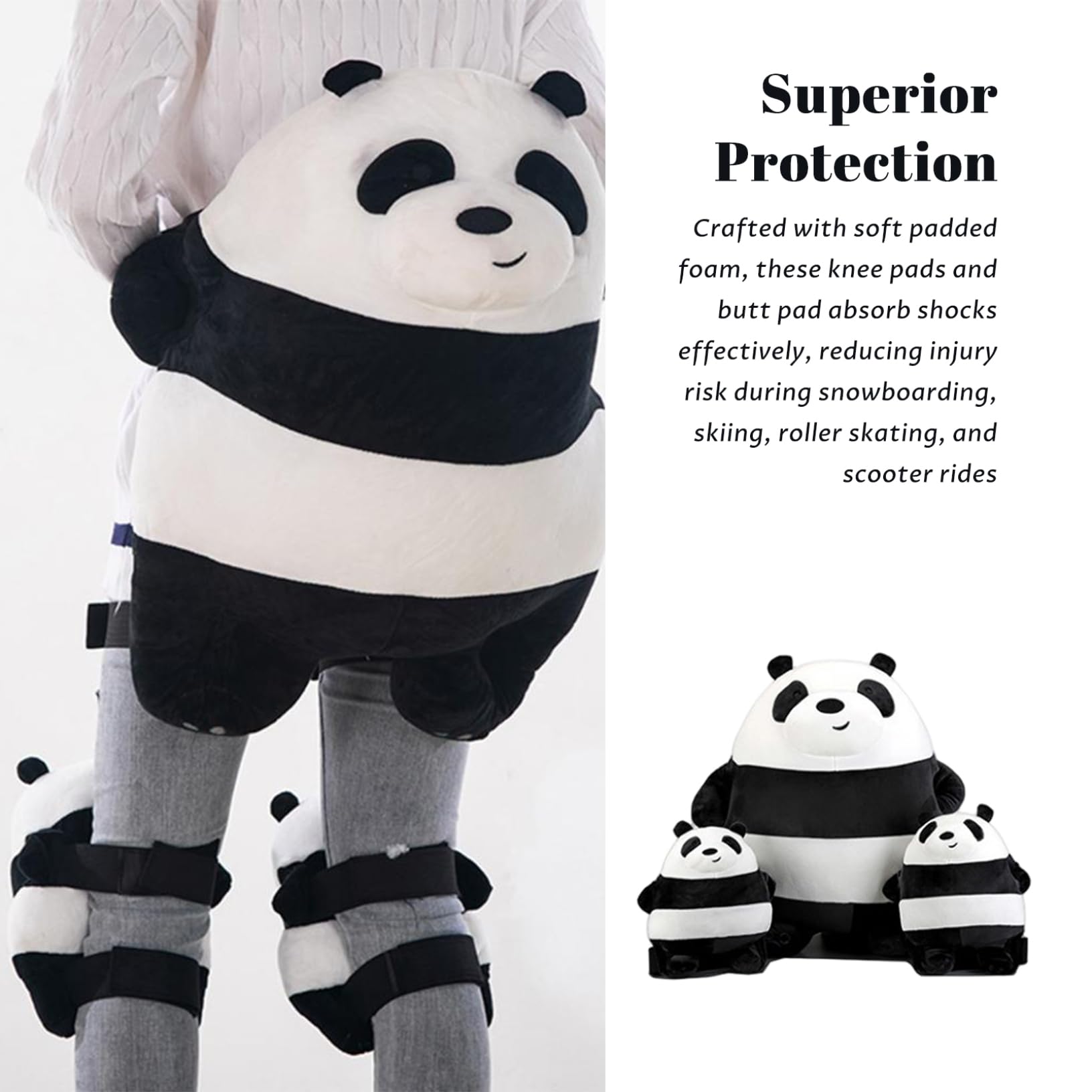 Snowboard-Hinternpolster, niedlicher 3D-Panda-Snowboard-Knieschützer und Gesäßpolster, 3 Stück/Set, weich gepolsterte Ski-Schutzausrüstung für Erwachsene, Kinder, Roller, Snowboarden, Rollschuhlau