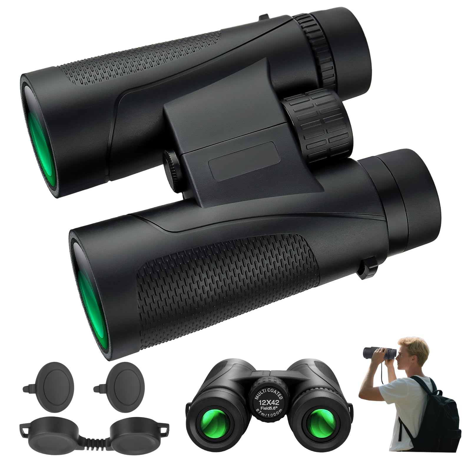 Jumelles compactes 12 x 42 HD BAK4 HD, objectif FMC étanches pour observation des oiseaux, chasse, voyage, randonnée, tourisme, noir