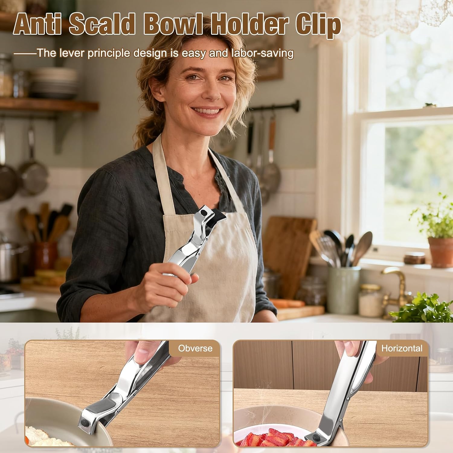Hot Plate Gripper Tongs, 2PCS Stainless Steel Anti-Scald Bowl Holder Clip, Multi-Purpose Pan & Bowl Clip Tool for Microwave, Oven, Air Fryer, Steamer, Pots