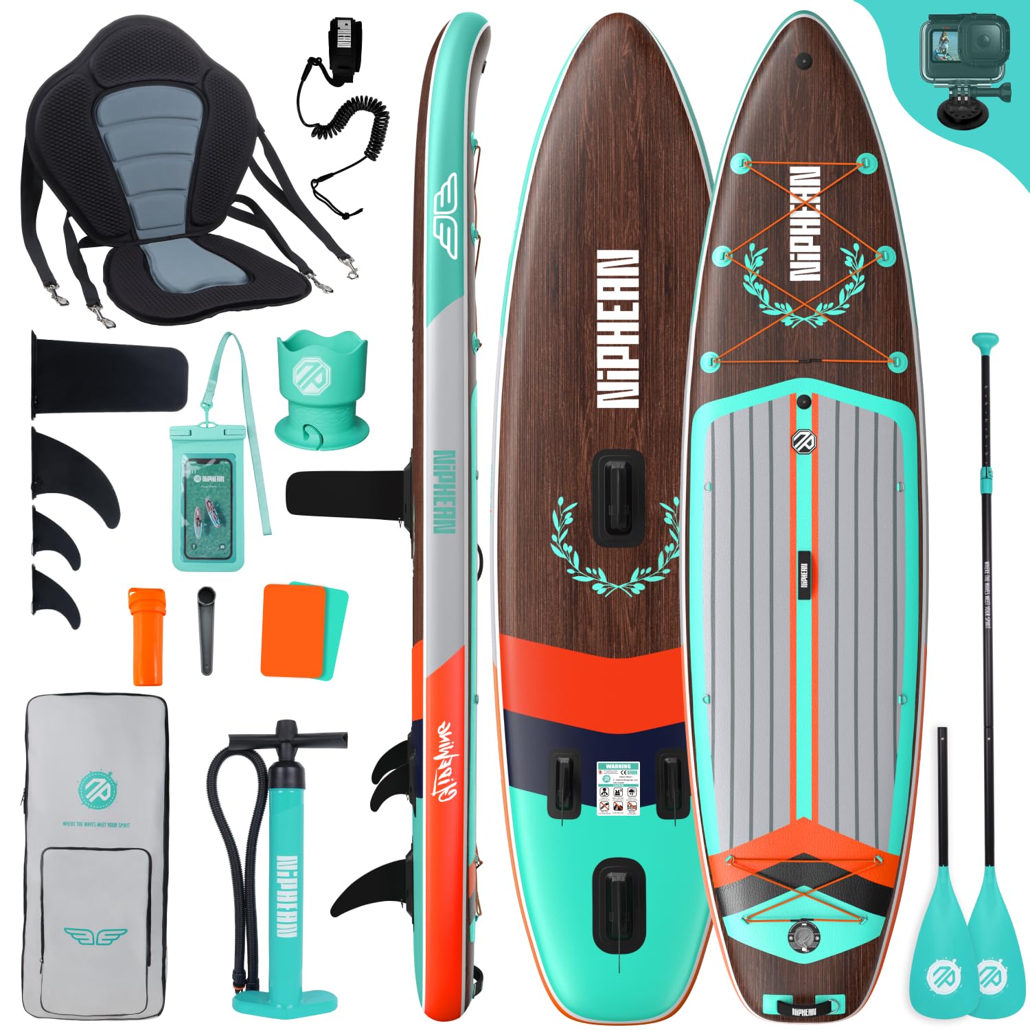 Niphean (Extra Groß) Stand Up Paddling Board, SUP für 2+1 Personen/Familien, SUP Board mit (Anfängergeeignet) StabilTrac Finne, Wasserdichte Handyhülle, Stand Up Paddle Board for Adults, Geschenkideen
