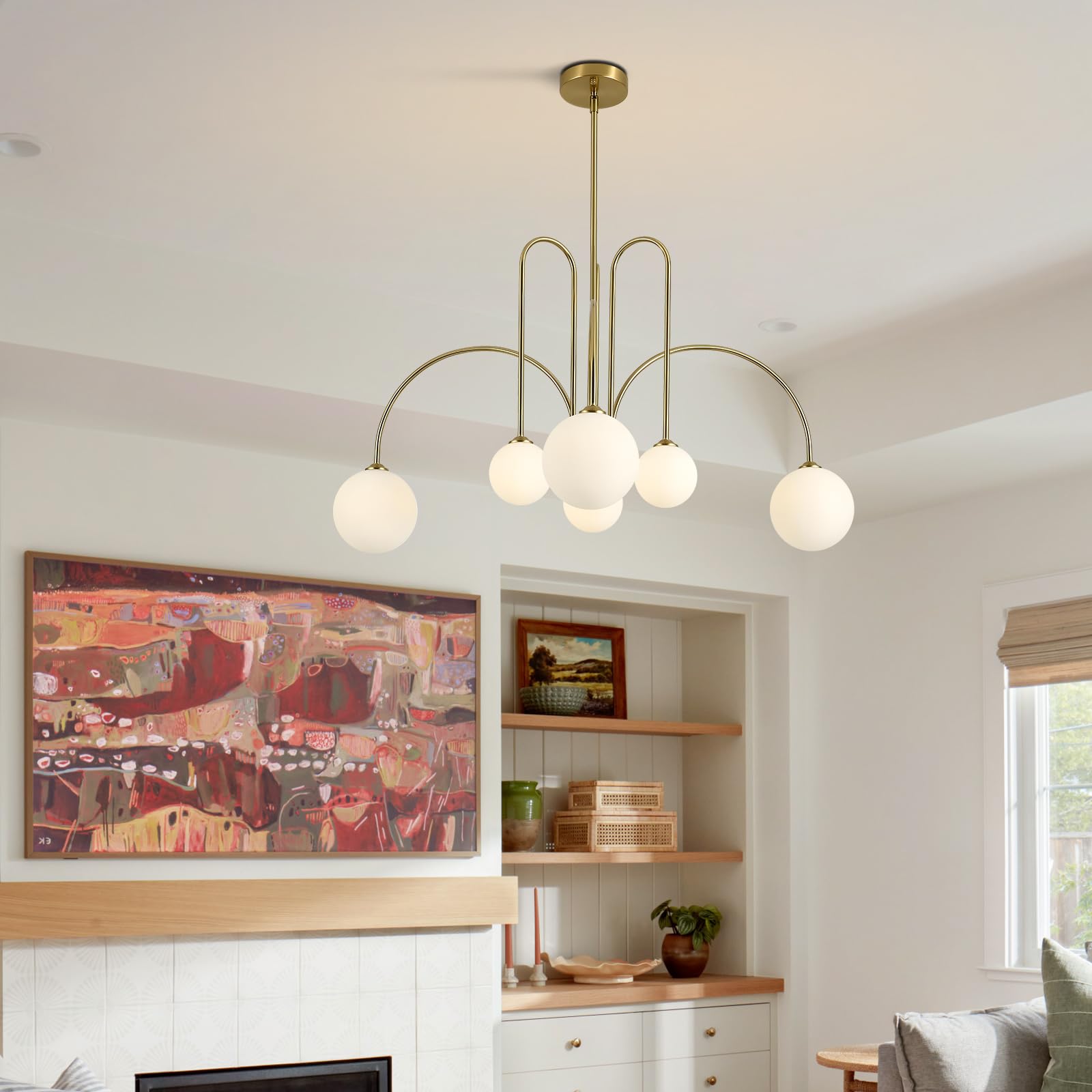 KCO Lighting Lámpara de Techo Sputnik con Esferas de 6 Luces para Salón, Dorada con Esferas de Cristal, Diseño Moderno para Comedor, Dormitorio, Recibidor y Cocina