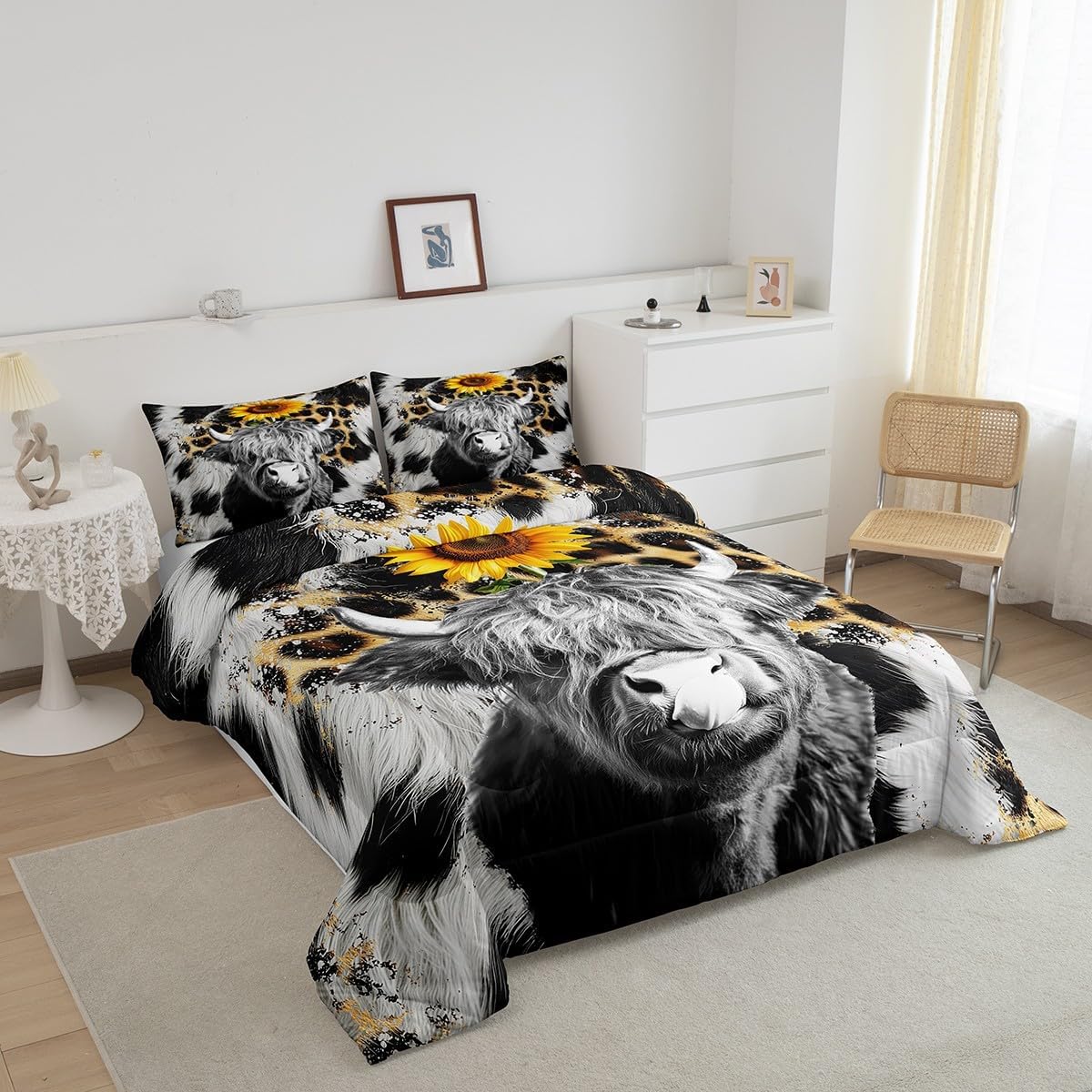 Feelyou Kids Toddler Size Cowhide Highland Cow Bedding Set Sunflower Comforter Set Cow Fur Comforter for Kids Boys Girls Farmhouse Duvet Insert Adult Bedroom Decor with 1 Pillow Case