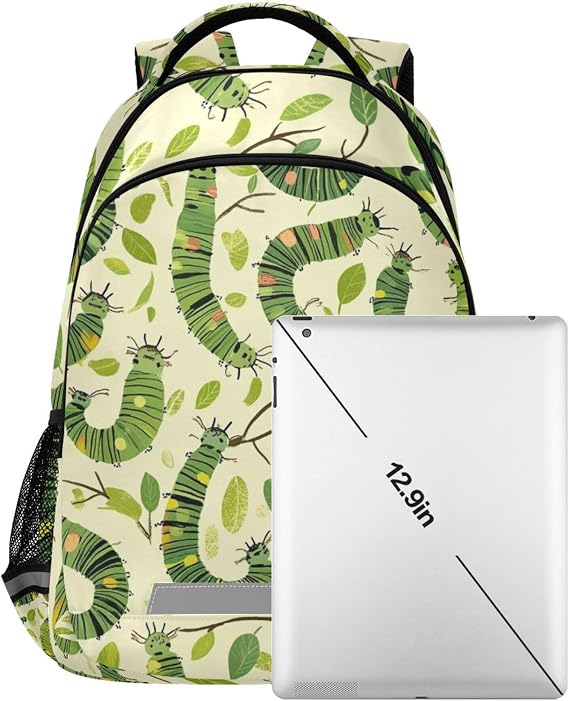 Cartoon Caterpillar Green Backpack for Boys Girls, 4-Sided Reflective Kids Backpack Bookbag for Teens Students Elementary Middle School Travel