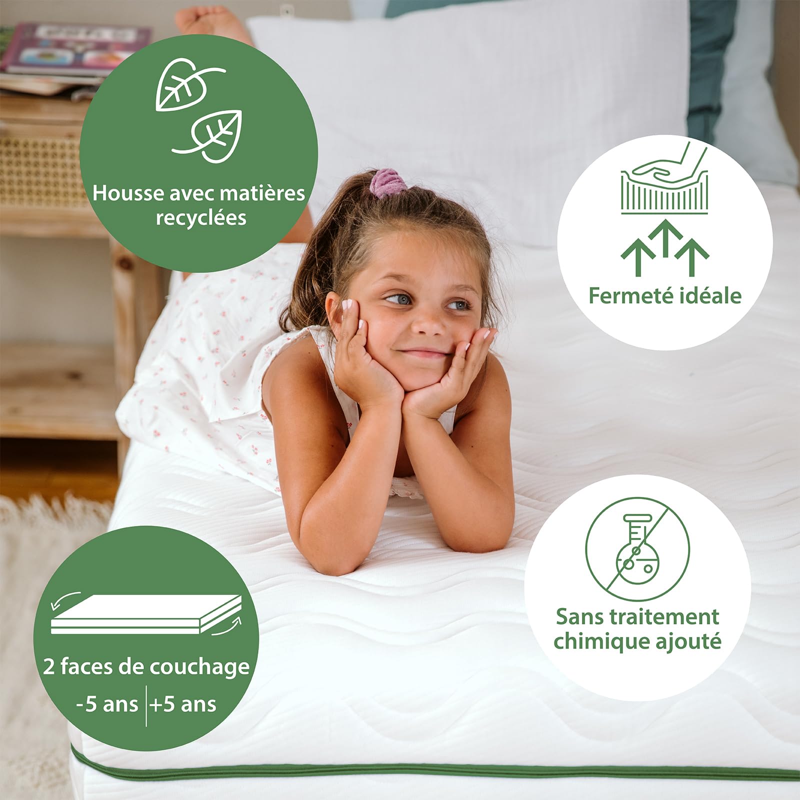 Kadolis Matelas Enfant 90x190x12 cm Aloe R Mousse Latex 2 Faces Couchage Housse Amovible Lavable OekoTex Fabriqué Espagne