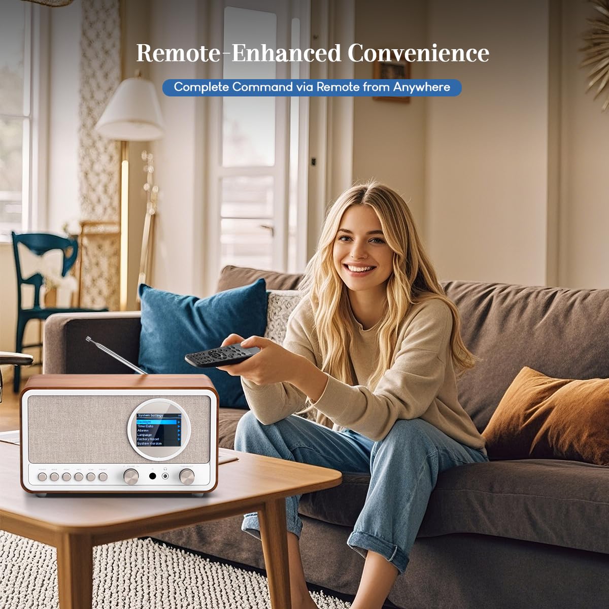 Radio DAB Plus avec Bluetooth, radio DAB+ / FM avec télécommande et fonctionnement sur secteur, radio-réveil avec double alarme, port USB/AUX, minuterie de mise en veille, 30 stations préréglées