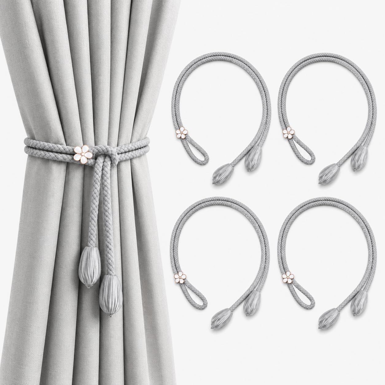 4 Pack Grey Curtain Tie Backs, Adjustable Polyester Teardrop Tie Backs for Curtains 48cm, Living Room Bedroom Bathroom Balcony Office Holdbacks, No Drilling Required, Window Drapery