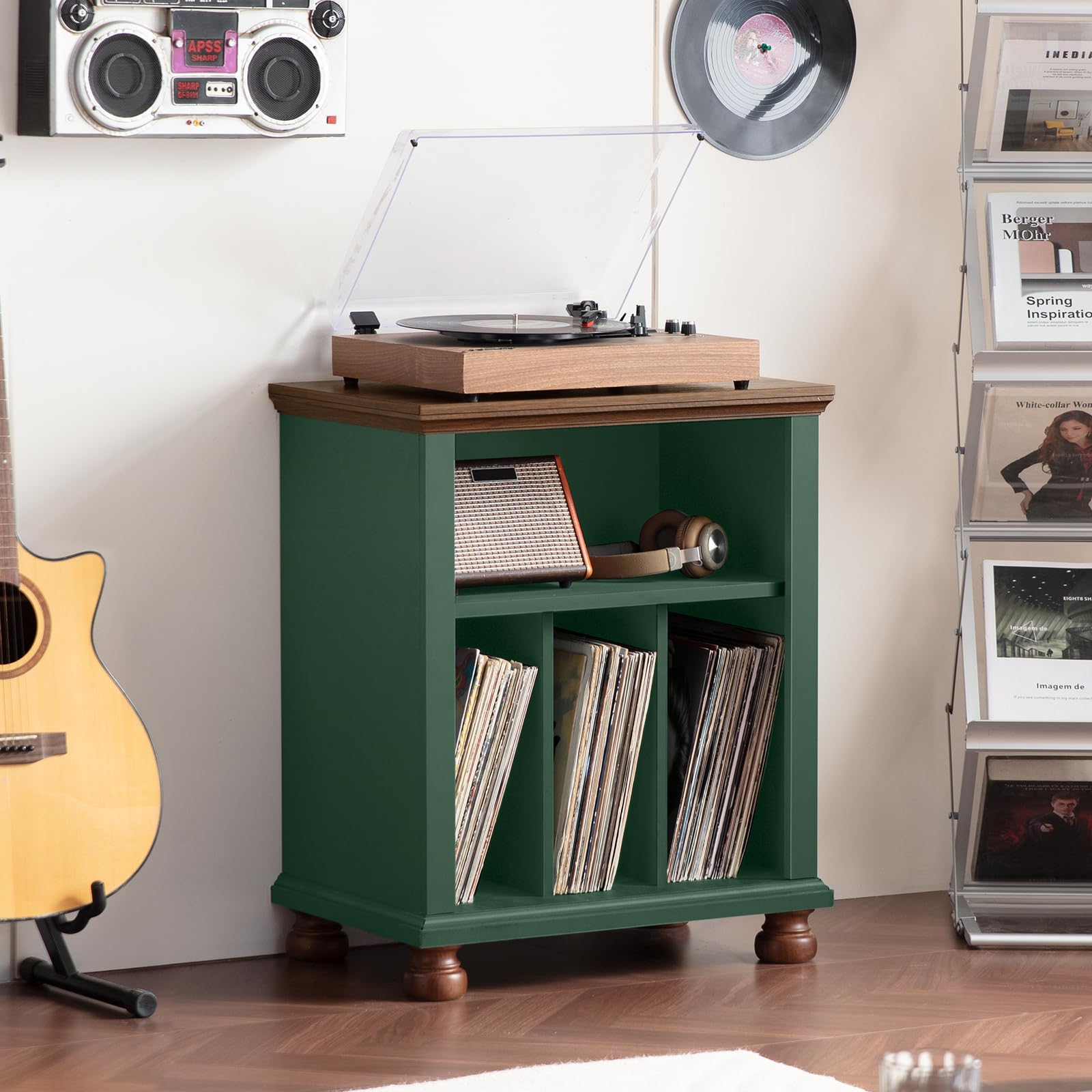 LELELINKY Plattenspieler Ständer, Plattenspieler Regal Bietet Platz für bis zu 200 Alben, Großes Holz Plattenspieler Tisch, Schallplatten Regal für Wohnzimmer, Schlafzimmer, Büro, Grünes