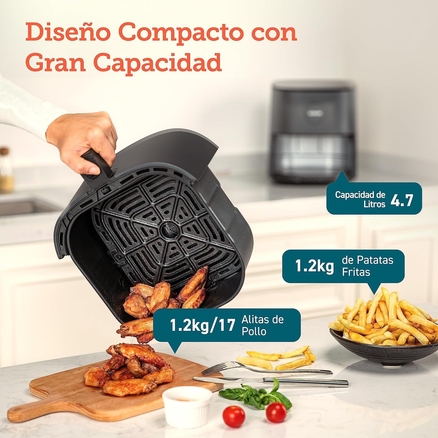 Cosori Freidora de Aire Duradera de 4,7 L, 9 Modos, Máx 230 °C, Silenciosa | Air Fryer con Pantalla Táctil, con 30+ Recetas en Español, 9 Programas, Diseño Moderno y Elegante, Gris, L501