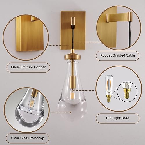Miniatura 3 de Aplique de Pared de Latón, Sombra de Vidrio Moderna en Forma de Gota de Lluvia, Bombilla LED Regulable E12, Se Adapta a Baño, Cambiador, Sala de