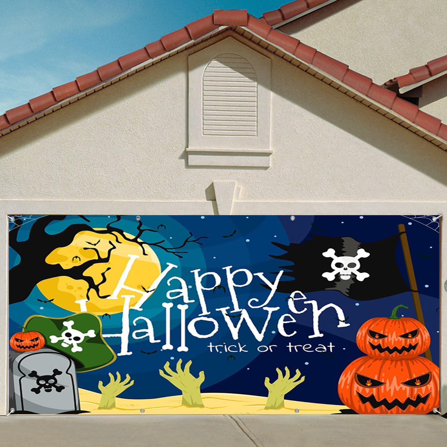 7x8ft Happy Halloween Cemetery Pirate Garage Door Decor Night Sky with Pumpkins Zombies Skull Symbols Pirate Flag Garage Door Cover Indoor Outdoor Festive Background Decor