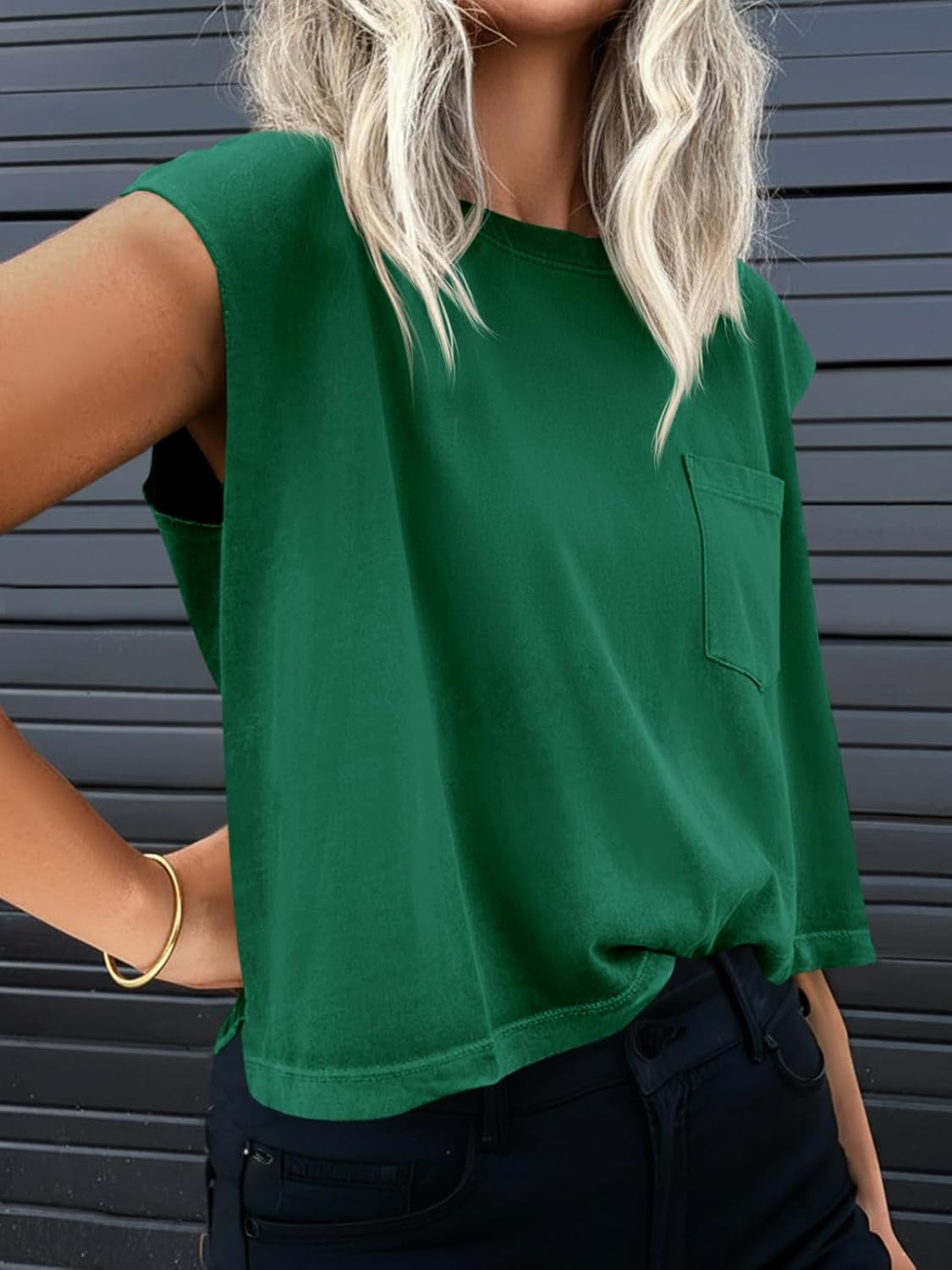 Tankaneo Womens Crop Tank Top Cap Sleeve Summer Tops Loose Casual Basic Crewneck Shirts with Pockets - Image 2