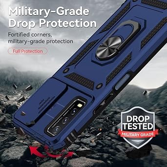 for Vivo Y20 Case, V2029 Case with Tempered Glass Screen Protector and Slide Camera Cover, Magnetic Ring Car Mount Holder Kickstand Protective Cases Cover for Vivo Y20 Blue