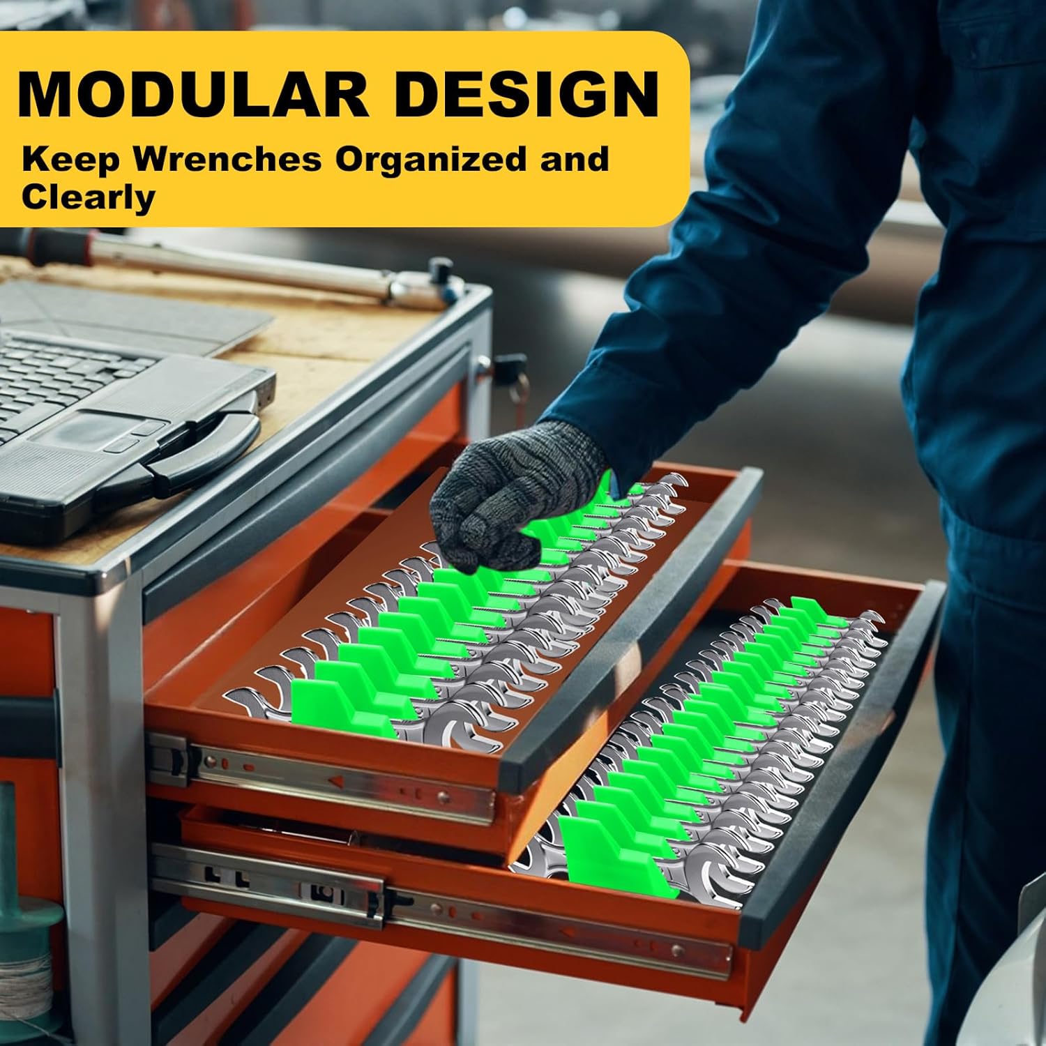 Chunful 100 pcs Modular Wrench Organizer Holder Wrench Tool Organizers Storage Racks Set with Metric & SAE Label for Tool Box Drawer Storage for Father Brother Professional Mechanics Men (Green)