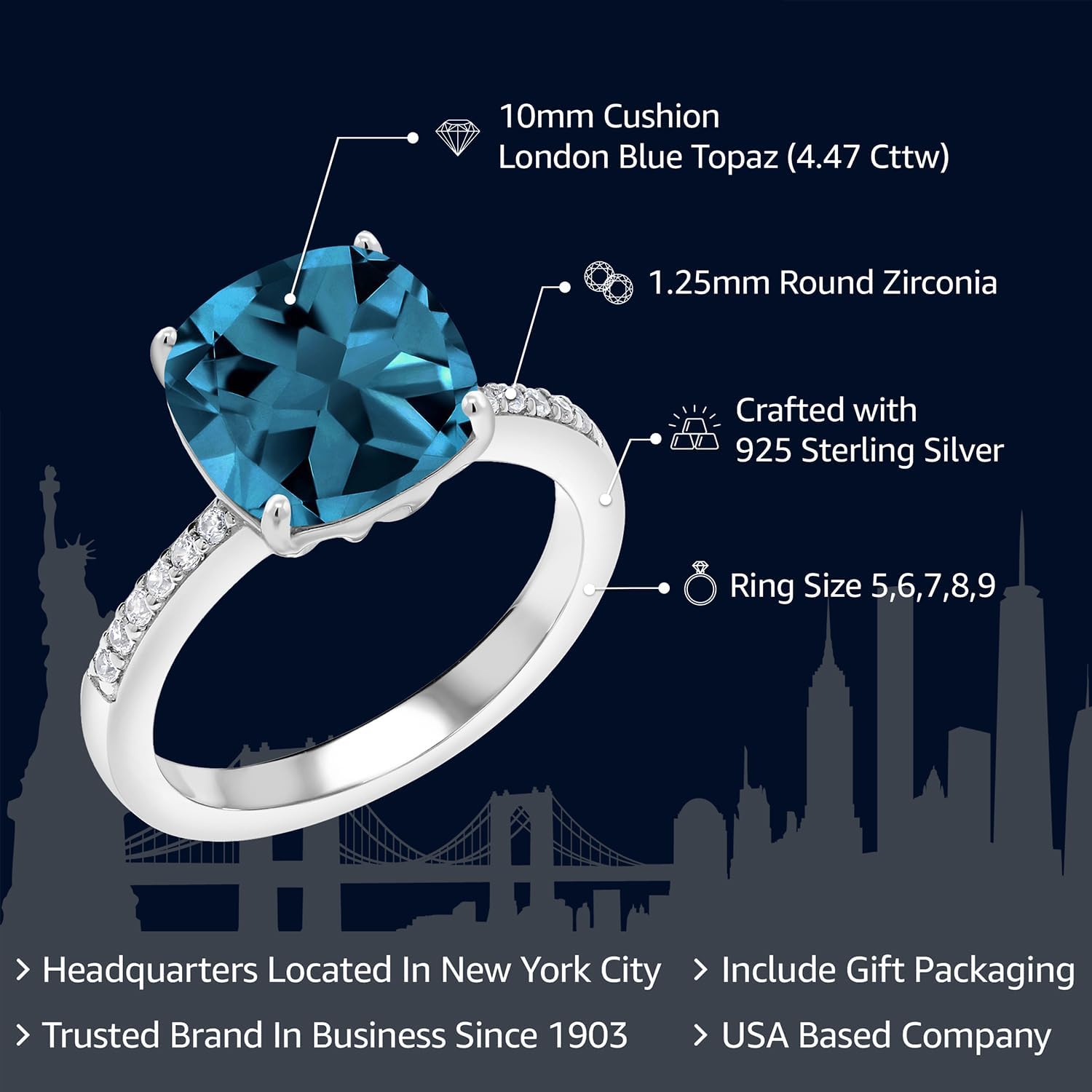 Gem Stone King 3-5 Cttw Gemstone Birthstone Engagement Ring for Women | 925 Sterling Silver | Cushion 10MM | Wedding Anniversary Promise Ring | Sizes 5-9 | London Blue Topaz-November | 7