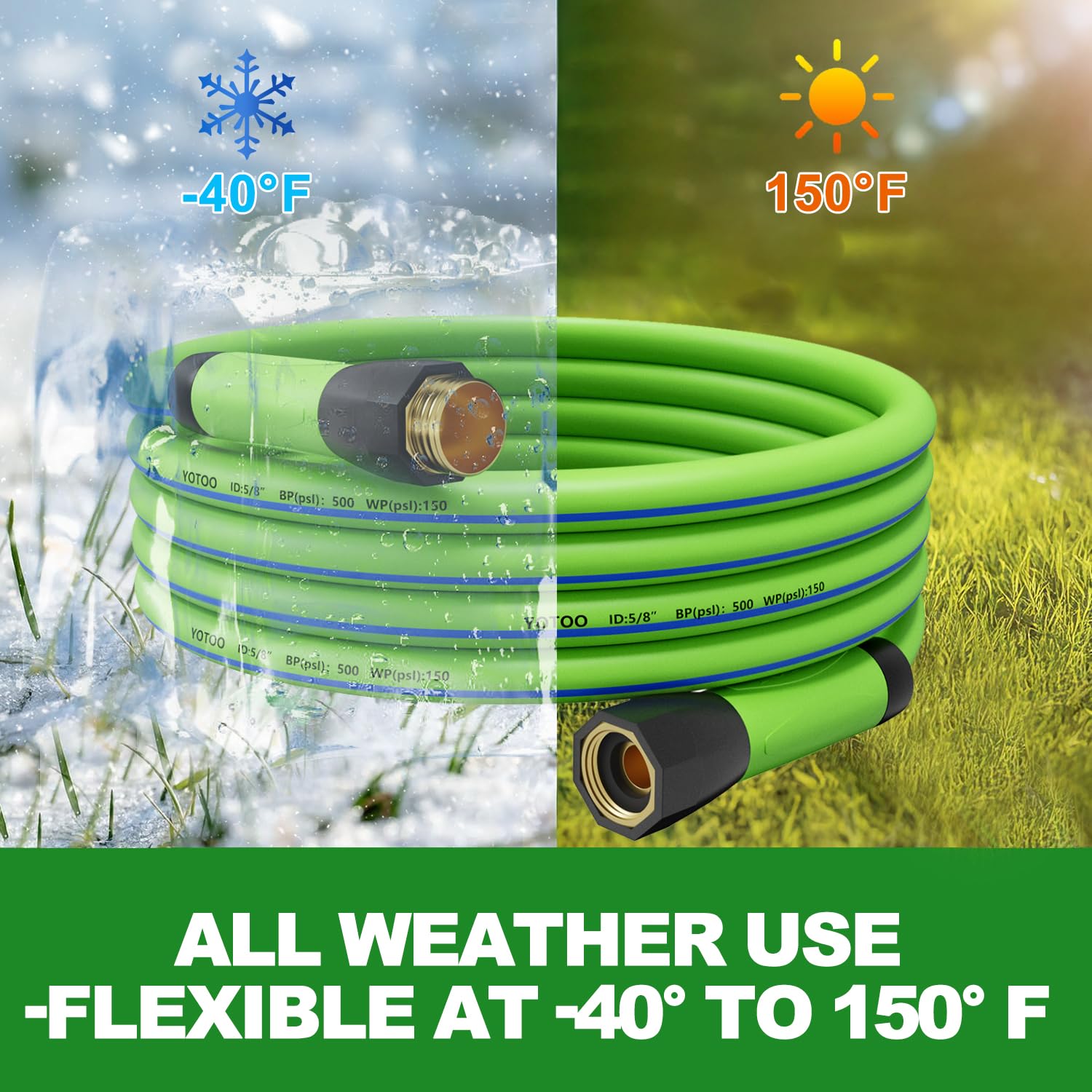 YOTOO Tubo da giardino ibrido resistente, 1,9 cm x 150 m, 150 PSI, resistente alle pieghe, flessibile con impugnatura girevole e raccordi in ottone massiccio da 1,9 cm, verde + blu