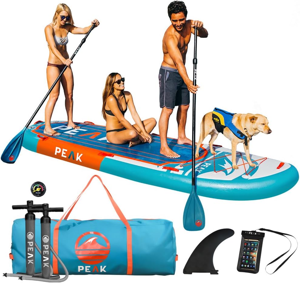 Peak Titan Inflatable Stand Up Paddle Board — Multi-Person SUP with 500 lbs Capacity and iSUP Accessory Bag with 2 Paddles, Pump & More — 12' Long x 45" Wide x 8" Thick