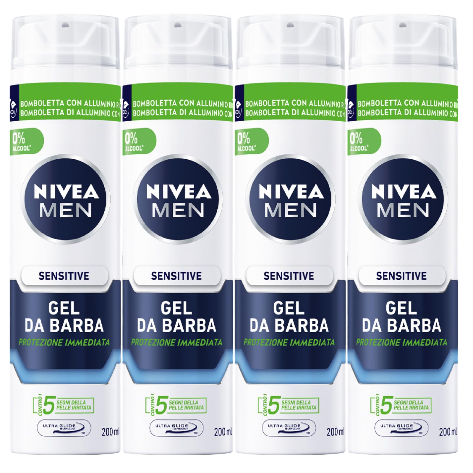 Nivea Men Sensitive Gel da Barba Gel viso da uomo con Estratto di Camomilla e Vitamina E Idratante per il Viso Ammorbidisce e Protegge la Barba - 4 Flaconi da 200ml
