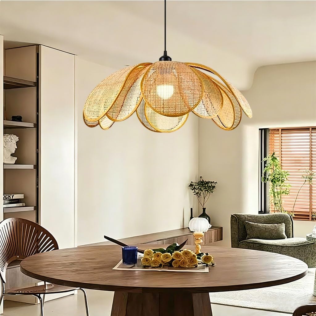 Lampa Wisząca W Kształcie Kwiatu Z Rattanu Żyrandol Z Tkanego Płatka W Stylu Boho Naturalna Lampa Wisząca Z Wikliny Lampa Sufitowa O Organicznym Kształcie W Stylu Wabi Sabi Do Salonu(80cm)