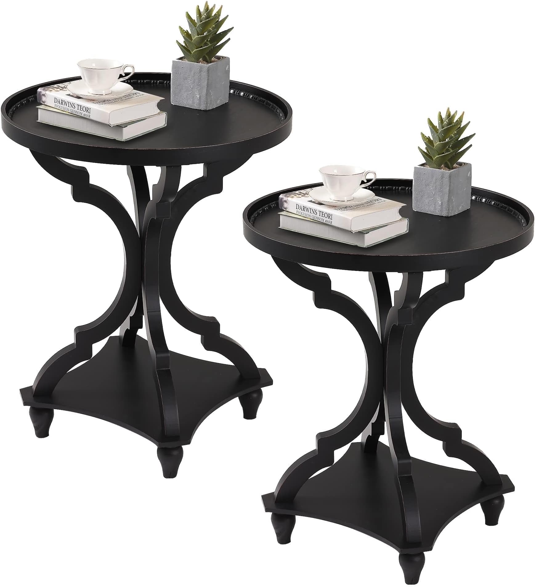 Wnutrees Farmhouse Round Accent End Table, Rustic Side Table Nightstands for Living Room, Wood Tray Top, Handcrafted Finish, Set of 2, Black