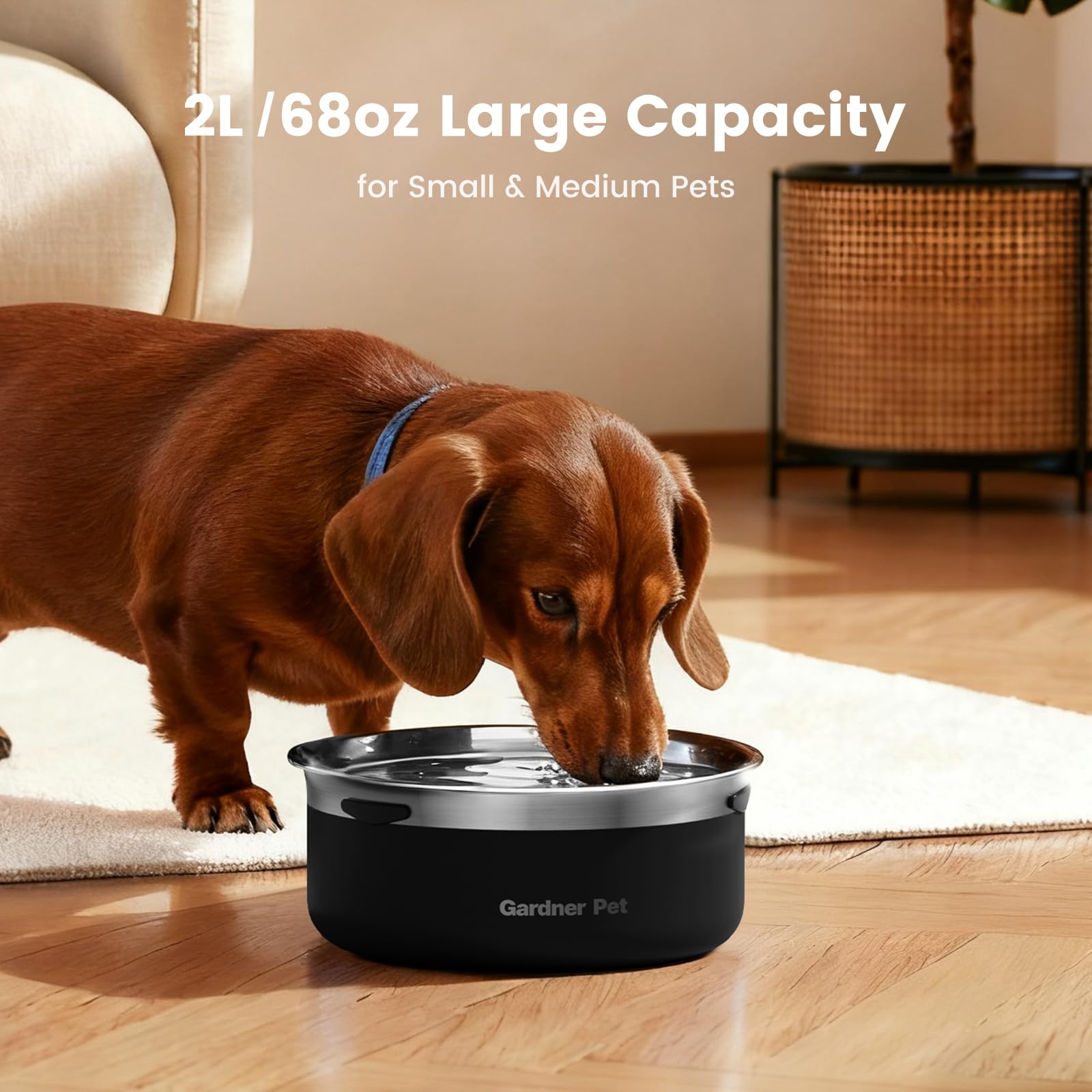 Gardner Pet Ciotola Acqua Cane Antigoccia, 2L Ciotola per Cani in Acciaio Inox a Prova di Fuoriuscite, Anti-Ingoio per Cani di Taglia Grande, Adatta per Interno ed Esterno, Previene Gocce, Nero