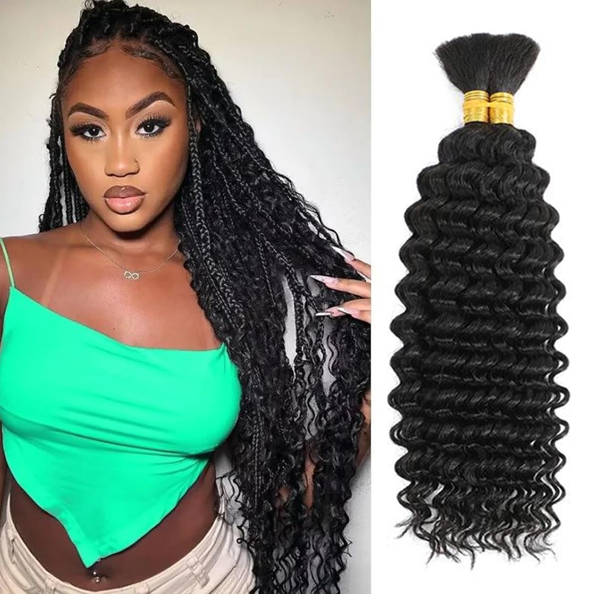 Deep Wave Bulk Human Hair Braiding for Boho Braids Tissage Cheveux Humain Naturels Unprocessed No Weft Tissage Bresilien Curly Bundle Virgin Hair 2 Braids Per Pack 100g Extension Cheveux 16 Pouces