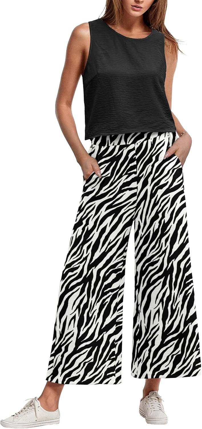 IWOLLENCE Women's Summer 2 Piece Outfits Set Round neck Sleeveless Tank Crop Top Wide Leg pants Set Pockets Jumpsuits