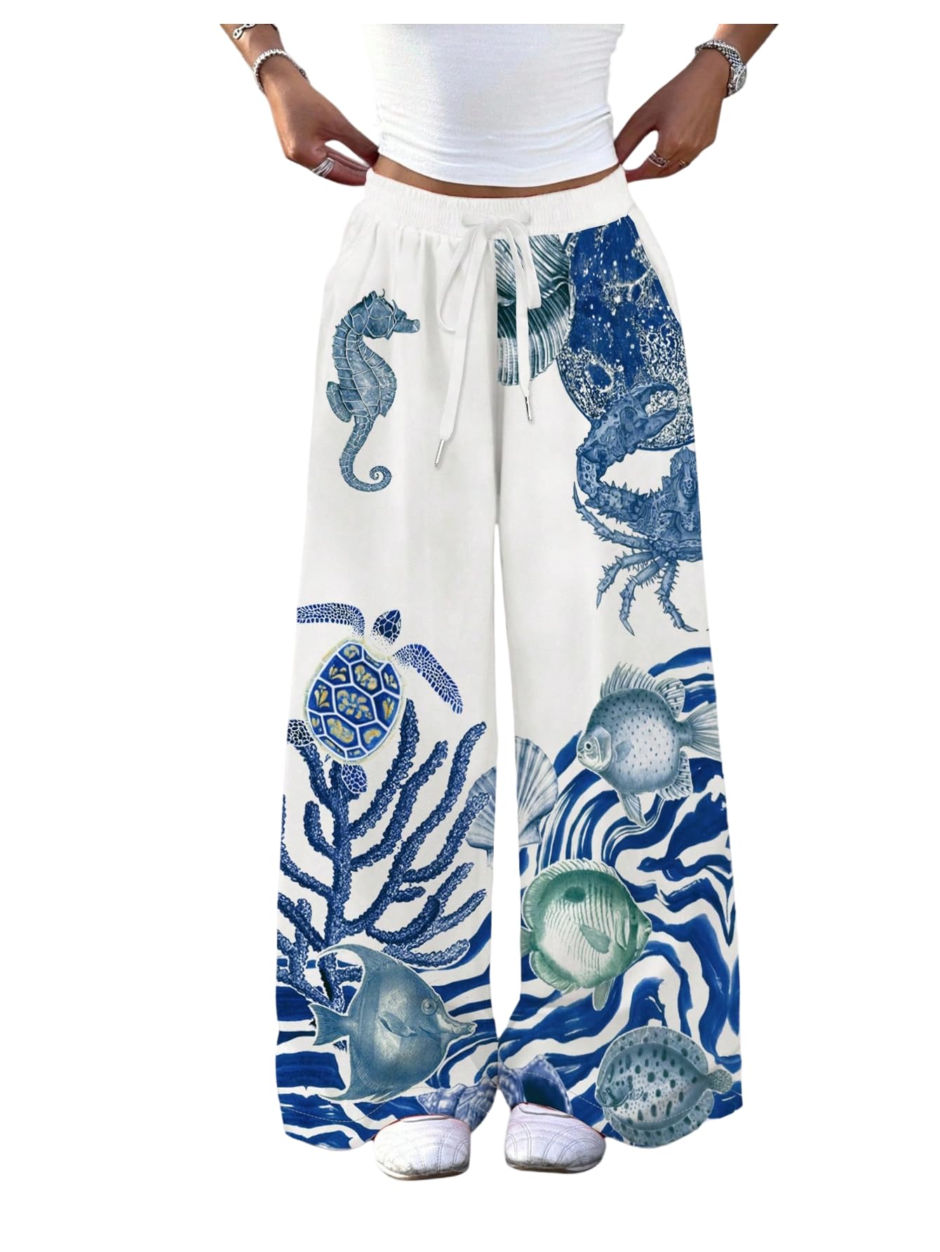 MakeMeChic Womens Seashell Wide Leg Pants Drawstring Elastic Waist Baggy Boho Trousers