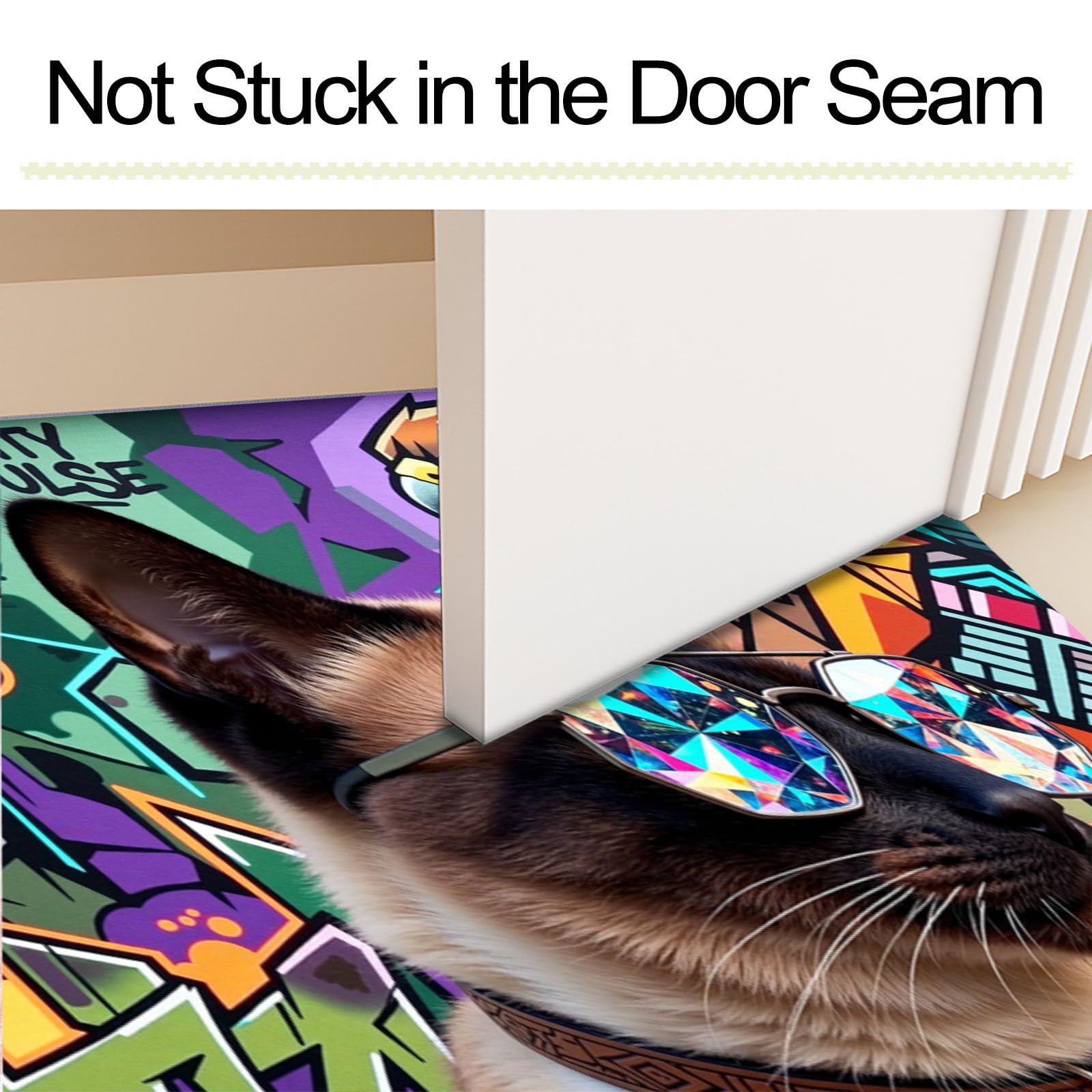 Felpudo Ultrafino Para Interiores, 80X120Cm, Animales Grafiti Callejero Alfombra Antideslizante Lavable Para Entrada, Gafas Sol Moda Gato Siamés Felpudo De Perfil Bajo, Atrapa Suciedad, Cian Oscuro