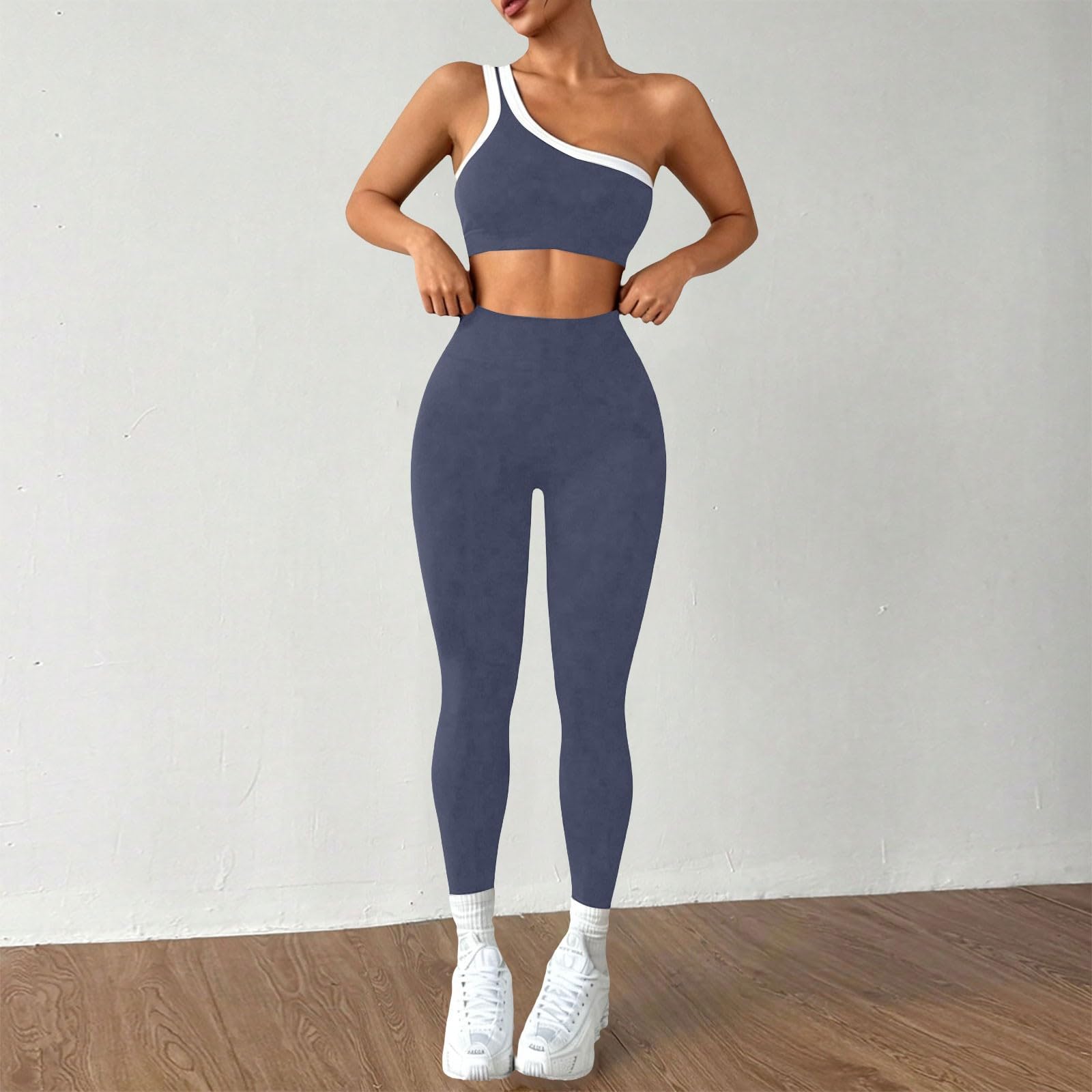 Completo da allenamento da donna, set da 2 pezzi, set da palestra senza cuciture con spalline monospalla | gilet casual comodo con top corto e leggings a vita alta, tuta sportiva per yoga, fitness