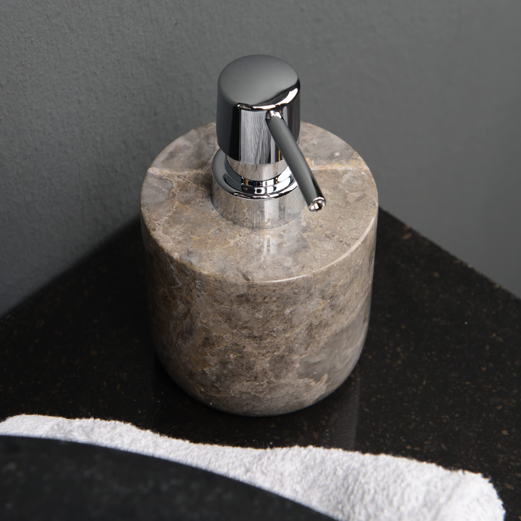 Dispensador de jabón de mármol gris redondo, 15 cm, dispensador dosificador rellenable de piedra natural