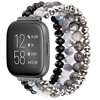 CAGOS Beaded Bracelet Compatible with Fitbit Versa 2 Band/Fitbit Versa Bands Women, Handmade Jewelry Elastic Replacement Bands Pearl Straps for Fitbit Versa 2 Special Edition SmartWatch (Black)