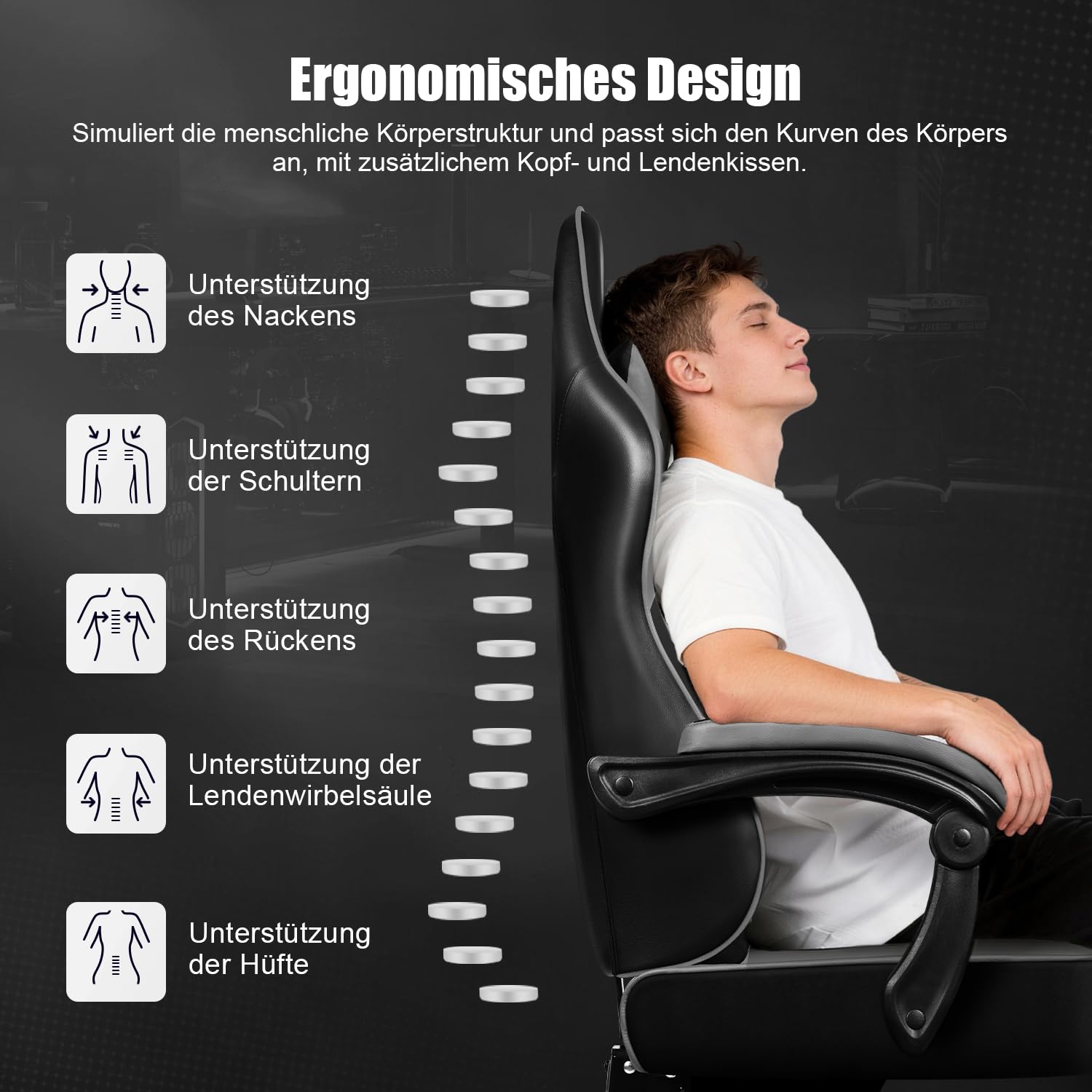 Gaming Stuhl Ergonomischer mit Fußstütze, Gaming Chair 150 kg Belastbarkeit, Gamer Stuhl aus Kunstleder, Höhenverstellbarer PC Zockerstuhl Bürostuhl für Jugendliche Erwachsene, Grau