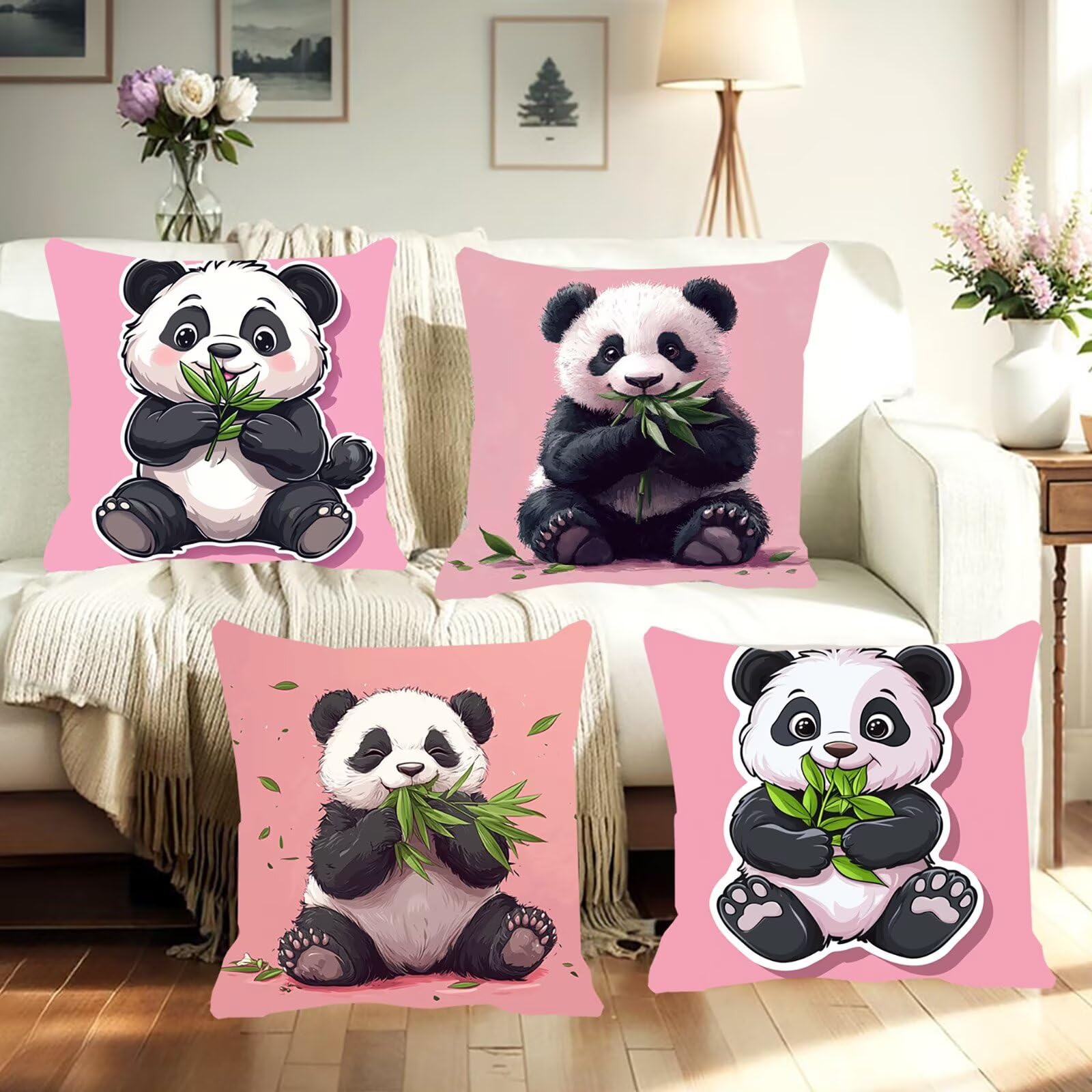 Outdoor Kissen Wasserfest Dekorative 4 er Kissenbezug 55x55cm Frühling Samt Kissenbezüge Panda Kissen Wetterfest Rosa Kissenbezug Werden für Heim Sofak Outdoor Garten Stuhl Bett Schlafzimmer F0P-580