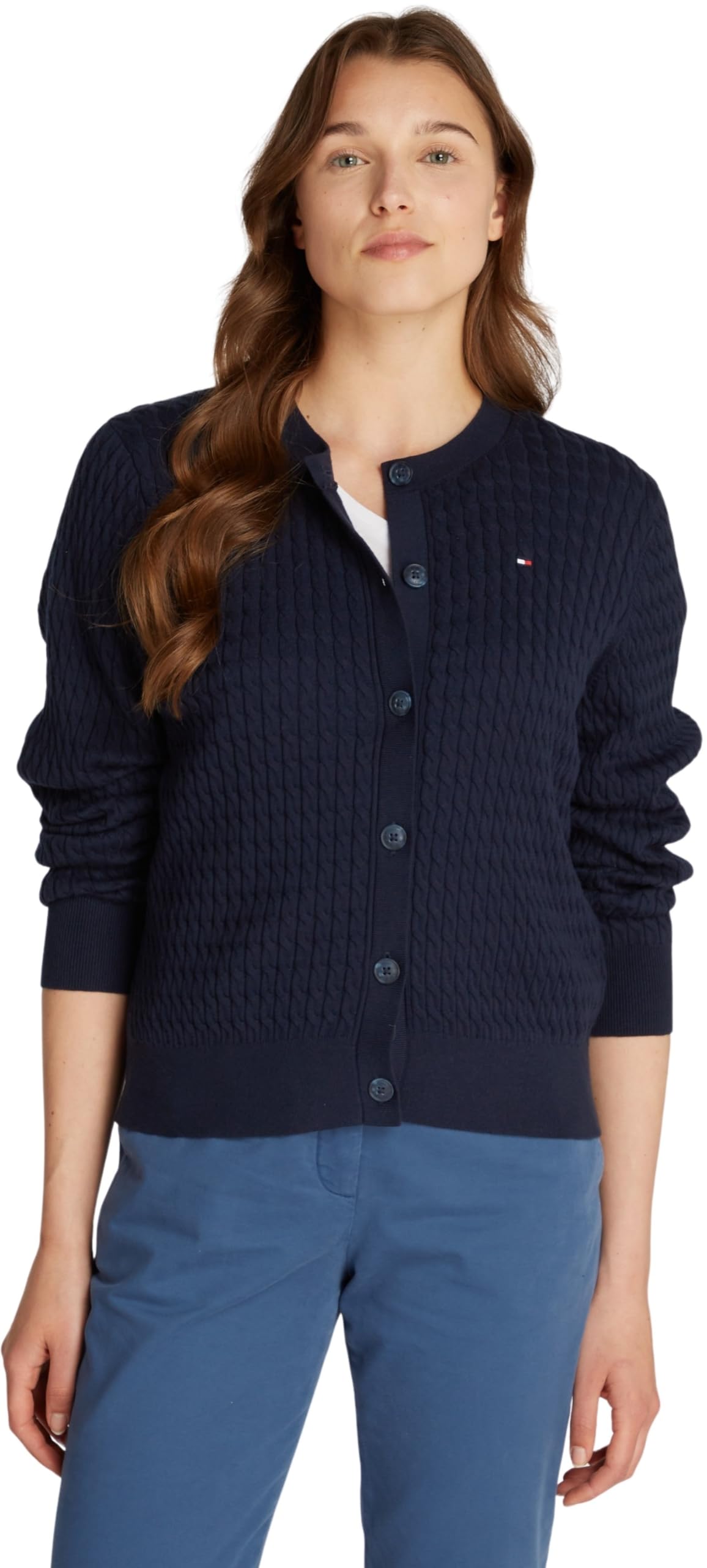 Tommy Hilfiger Damen Strickjacke Cardigan Zopfmuster, Blau (Dark Night Navy), L