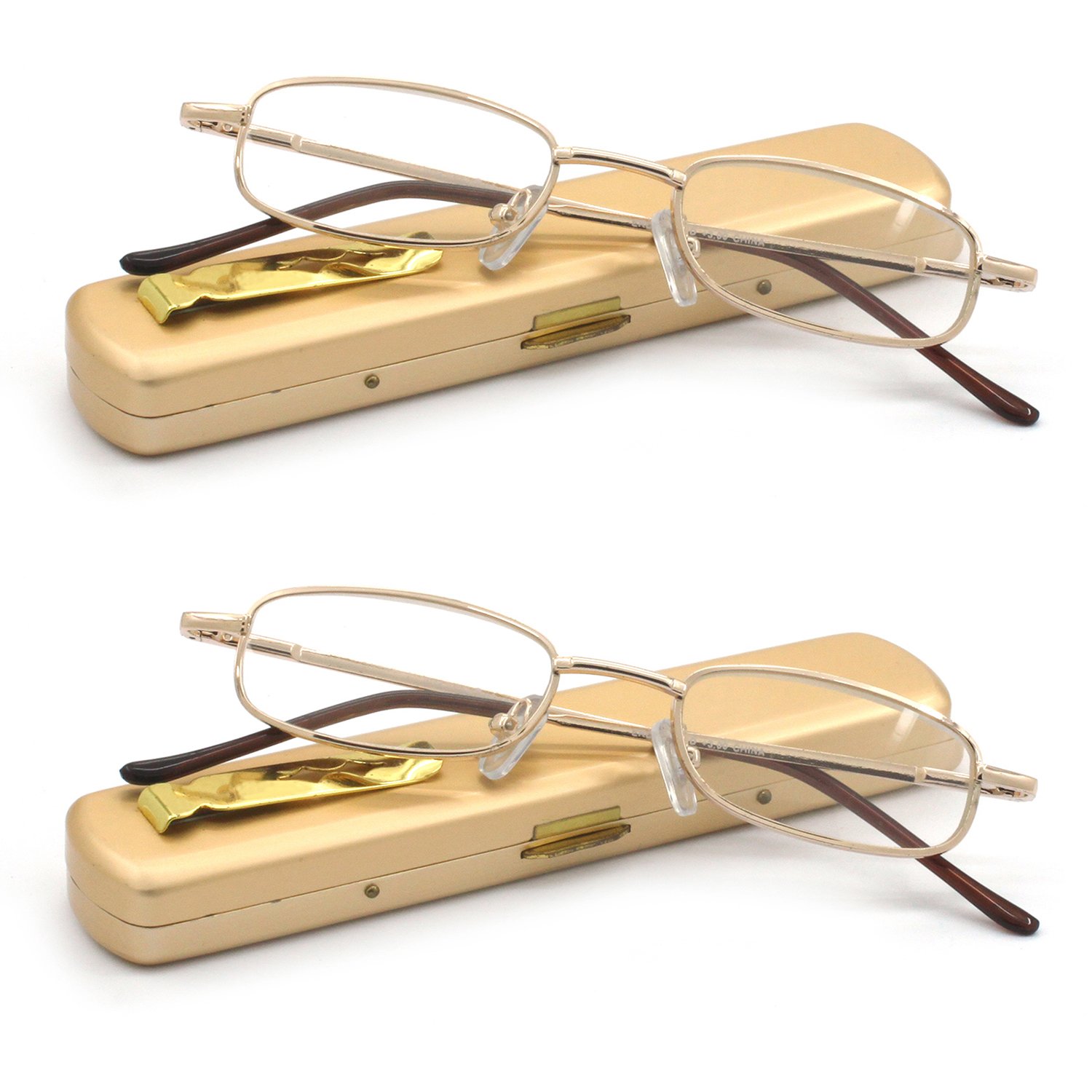 EYE ZOOM 2 Pairs Lightweight Portable Metal Reading Glasses with Pocket Case for Men Women, Gold, +1.25 Strength