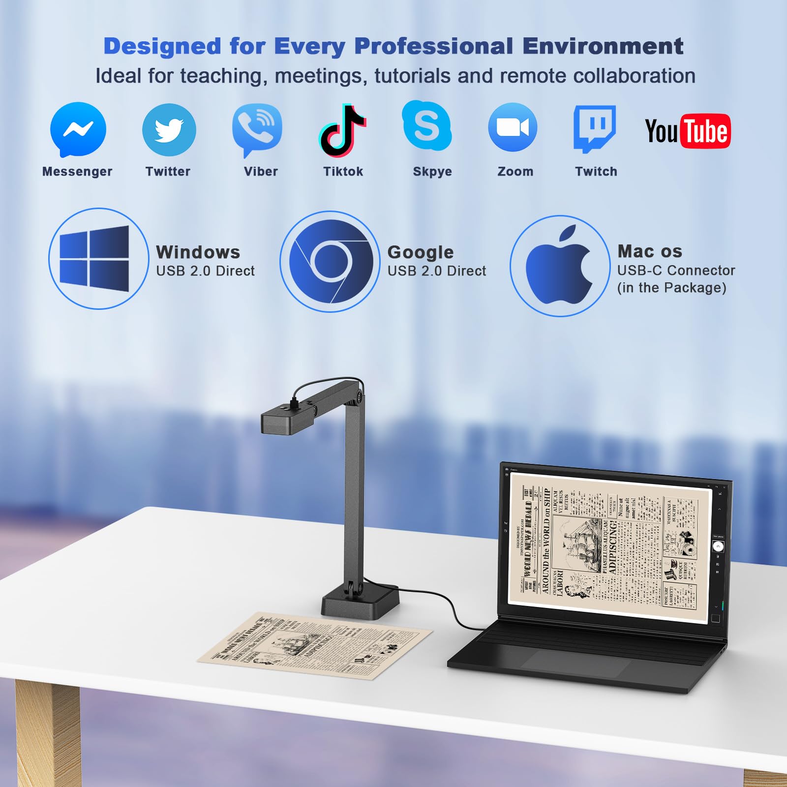 USB Dokumentenkamera, 8MP 2448P Doc Cam mit Autofokus, A3 Overhead Book Scanner, LED-Licht & Dual Mic, Faltbare Klassenzimmer Dokumentenkamera für Lehrer, Zoom, Mac, Windows, Chromebook