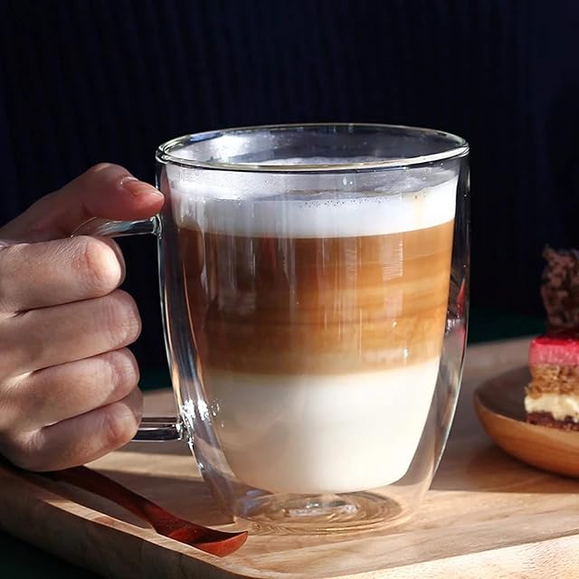 Double Wall Glass Cup Thermo Large Insulated Glass Mug with Handle Espresso Coffee Mug Heat-Resistant Drinkware Borosilicate Tea Cup Mug for Latte,Cappuccino, Americano, Beverage,Drink,350ml/12oz