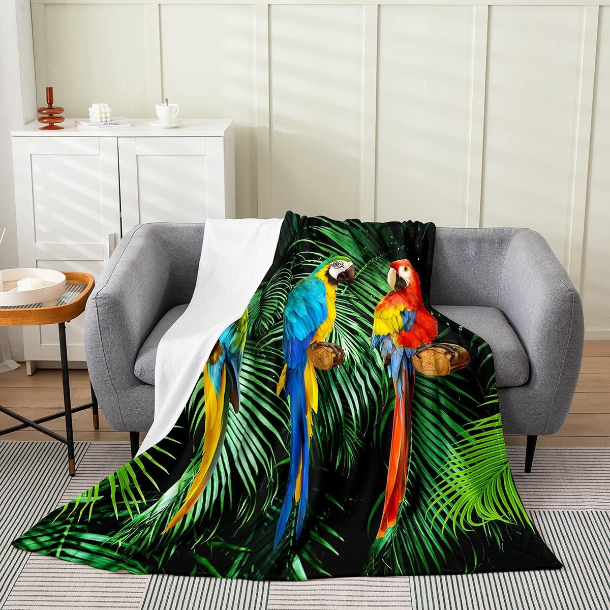 Erosebridal Parrot Blanket All Season,Tropical Plant Birds Throw Blanket for Kids Women Youth,Botanical Palm Leaf Fleece Blanket 40x50,Watercolor Animal Feather Fuzzy Blanket Home Room DecorOEKO-TEX STANDARD 100